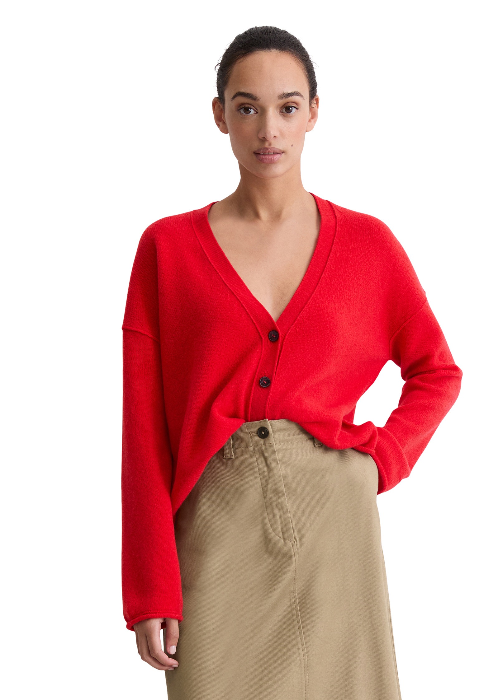 Cardigan MARC O'POLO "aus flauschiger Lambswool", Damen, Gr. XXL, bright rot, Obermaterial: 80% Schurwolle, 20% Kaschmir, unifarben, loose fit, V-Ausschnitt, Strickjacken