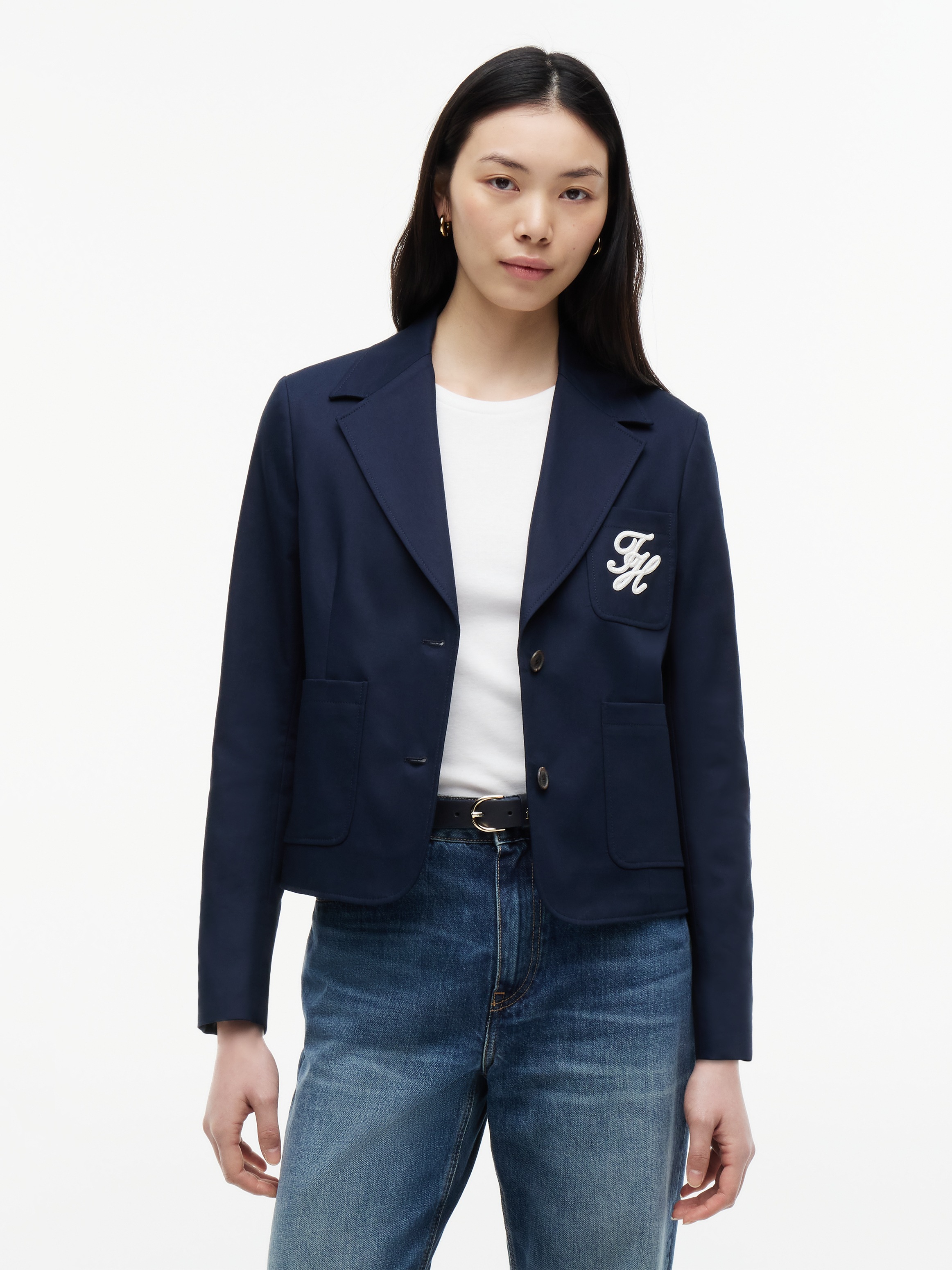 TOMMY HILFIGER Damen Kurzblazer "CHINO DRESSING COTTON BLAZER", blau, Gr. 46, unifarben, Web, Obermaterial: 100% Baumwolle. Futter: 100% Viskose,