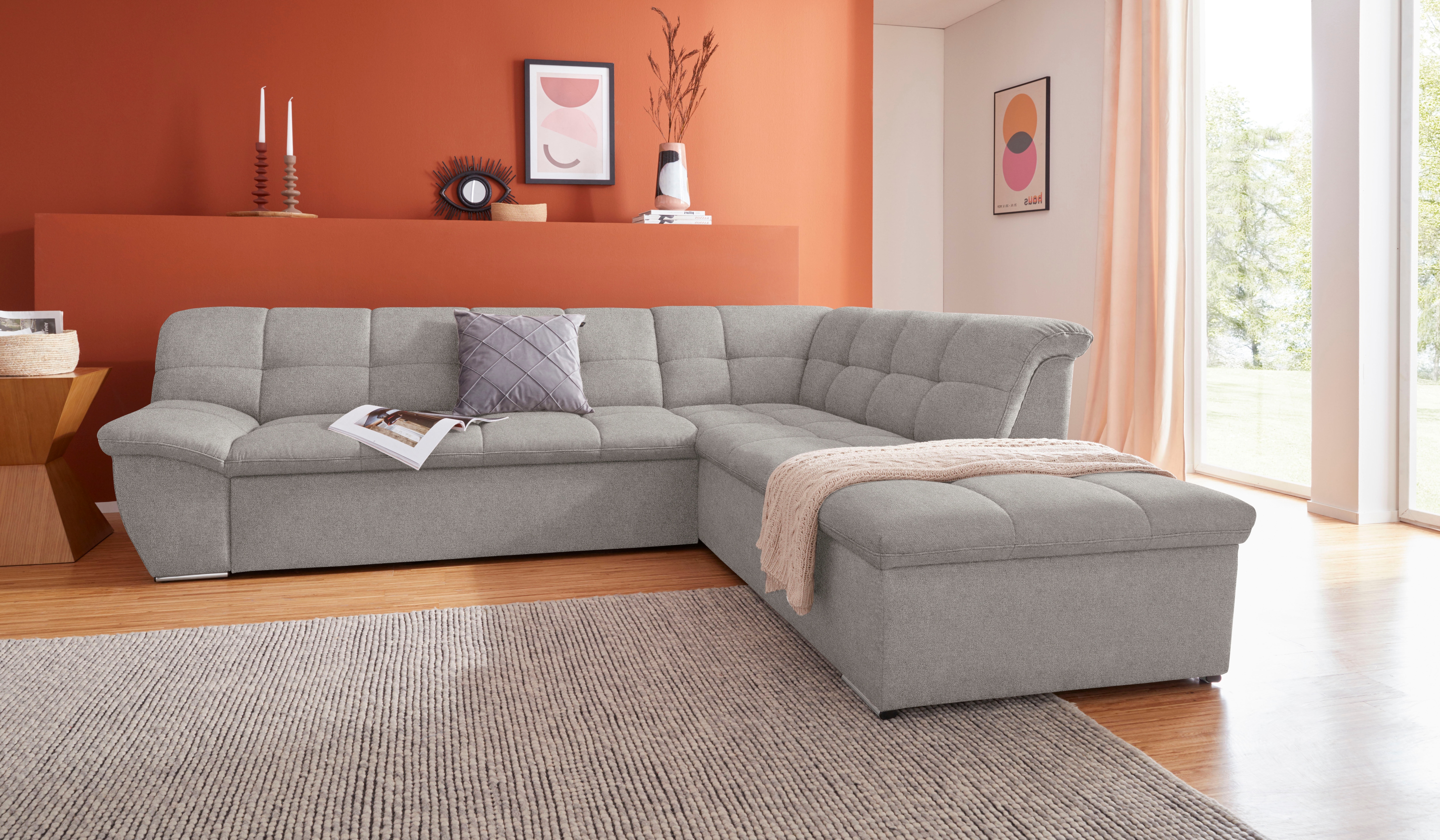 DOMO collection Ecksofa "Lagoa, moderne Sitzheftung, bequem und komfortabel, L-Form" wahlweise mit Bettfunktion, frei im Raum stellbar, große Farbvielfalt