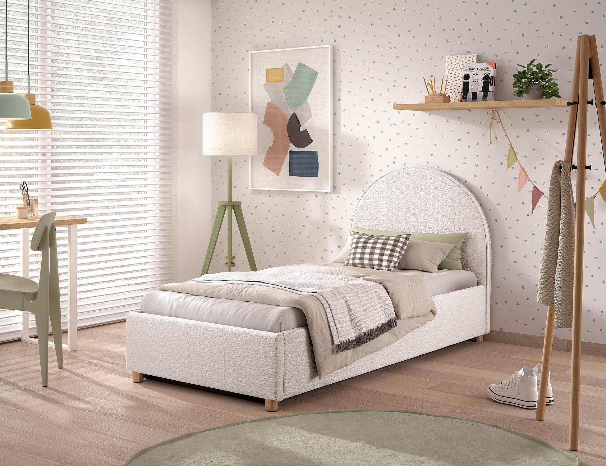 Vipack Boxbett »Moon, mit Lattenrost und Stauraum, modernes Design«, (gerundetes Kopfteil und in 2 Breiten erhältlich), inkl. Massivholz Füßen in natur, 3 Stoff Farben zur Auswahl