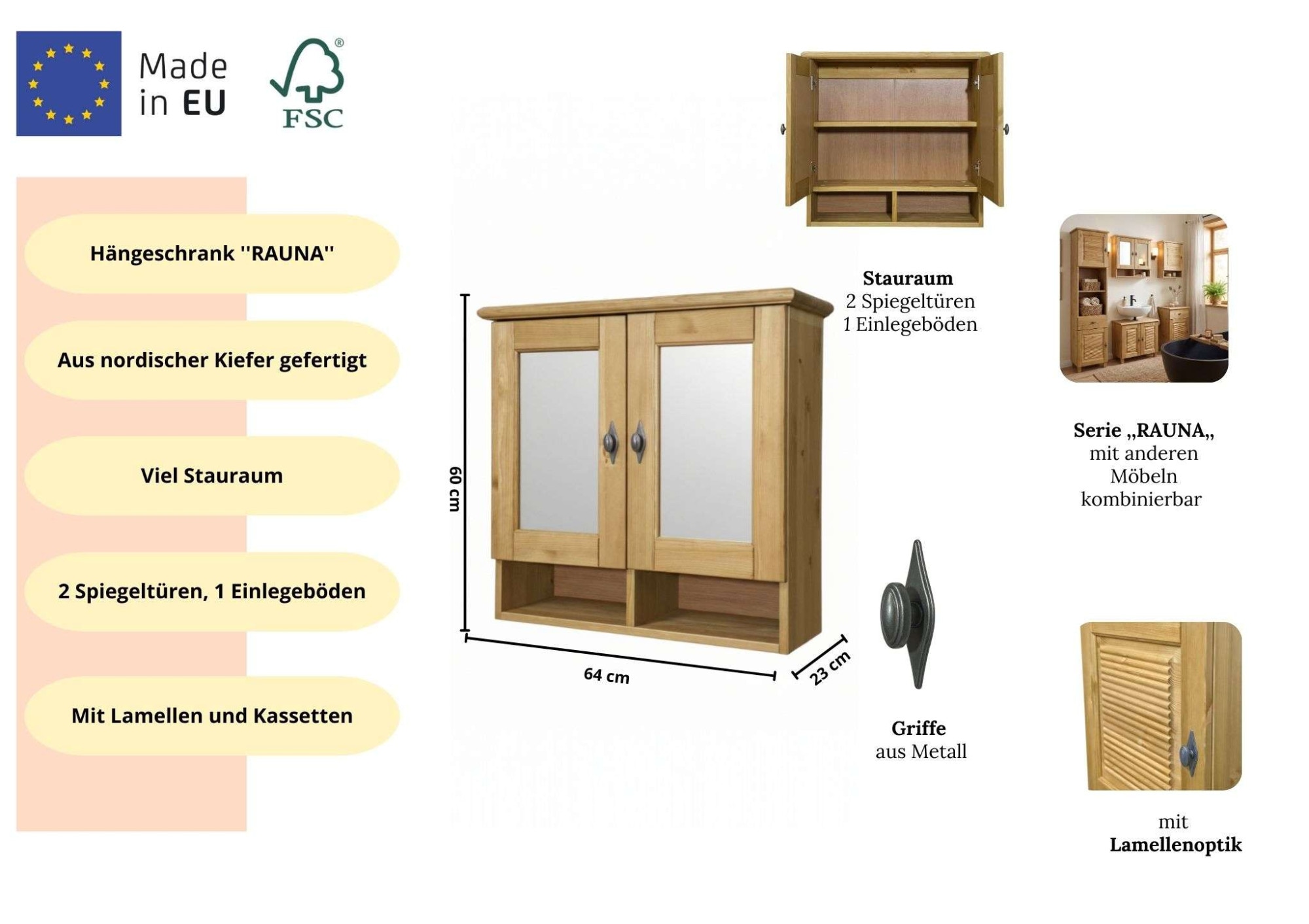 Home affaire Badezimmerspiegelschrank »Rauna« aus massiver Kiefer, Breite 64 cm, mit Spiegel, made in EU