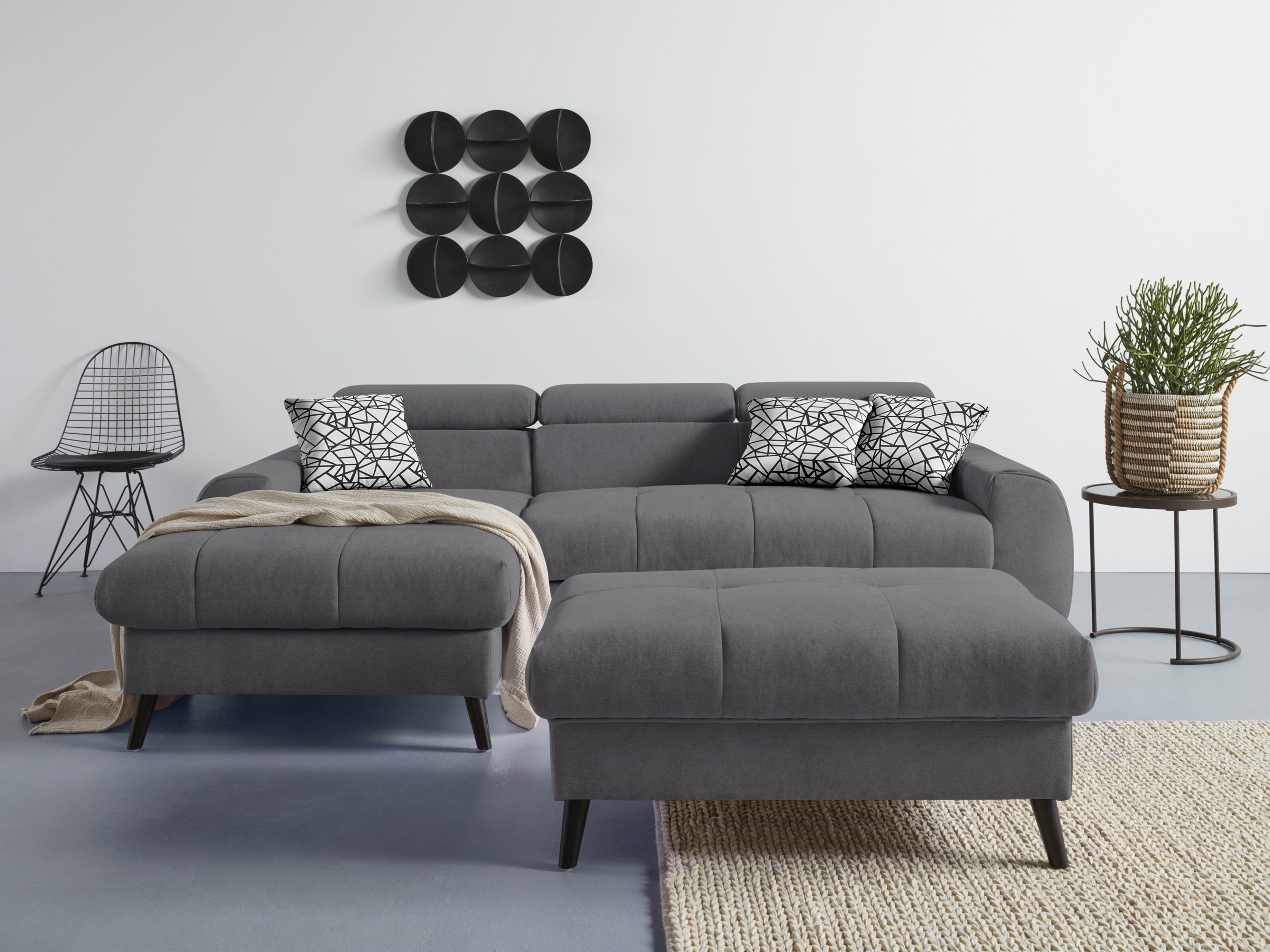 COTTA Ecksofa »Mia L-Form mit 3 Zierkissen«, wahlweise mit Bettfunktion, Bettkasten, Beleuchtung & Wireless-Charger
