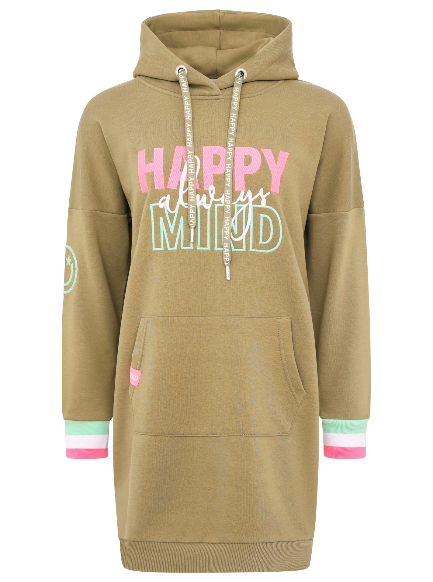 Zwillingsherz Sweatkleid »"Always Happy Mind"«, mit Kapuze und fröhlicher Botschaft, neon Armbündchen