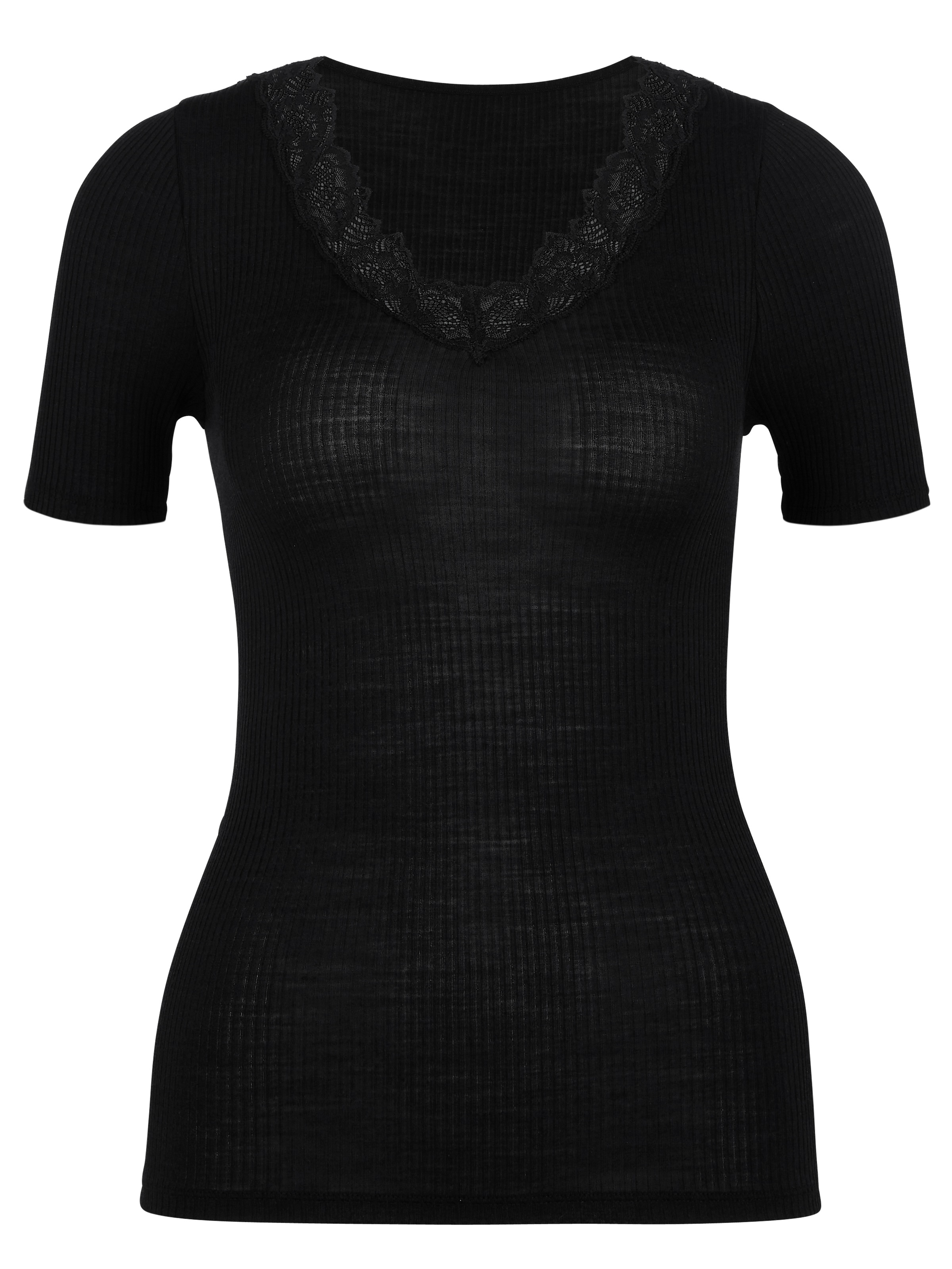 CALIDA Kurzarmshirt "Silky Wool Joy", florale Spitze, V-Ausschnitt, Feinrip günstig online kaufen