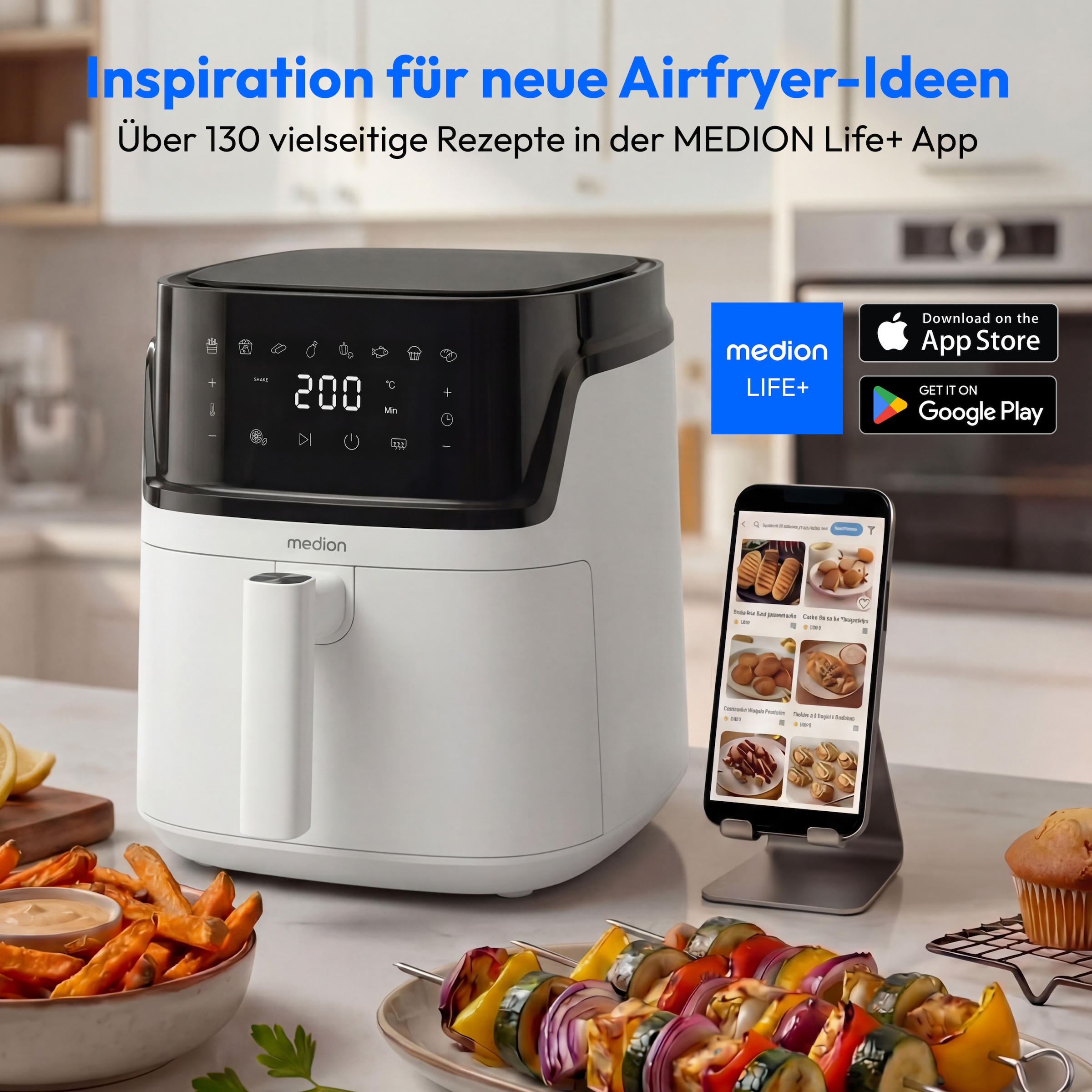 Medion® Heißluftfritteuse »MD 100056« 1650 W Großes 7,2 L Fassungsvermögen,PFAS‑frei