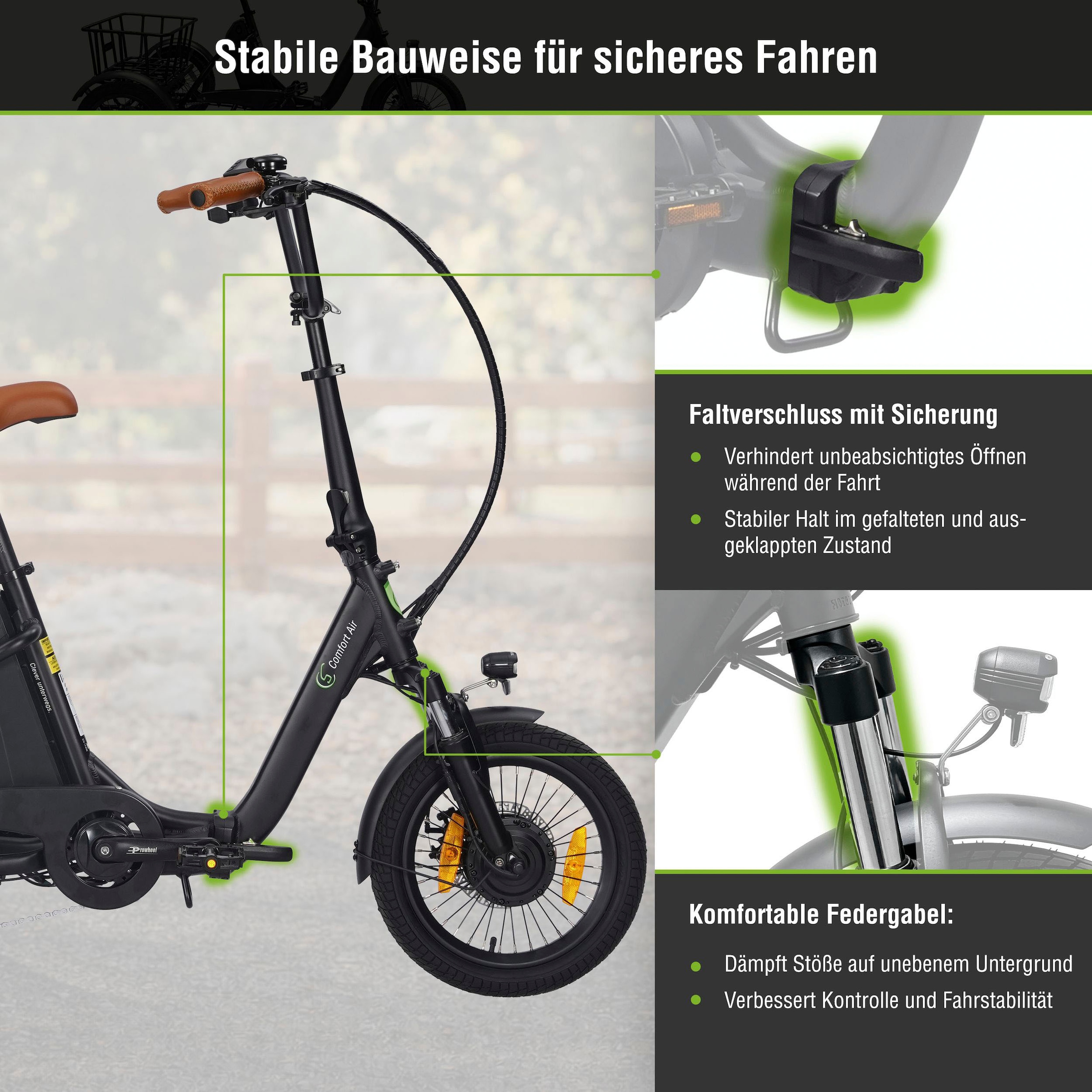 SachsenRad »T6S Comfort air faltbar mit Korb und Alarmanlage« 7 Gang Shimano Kettenschaltung Frontmotor 250 W