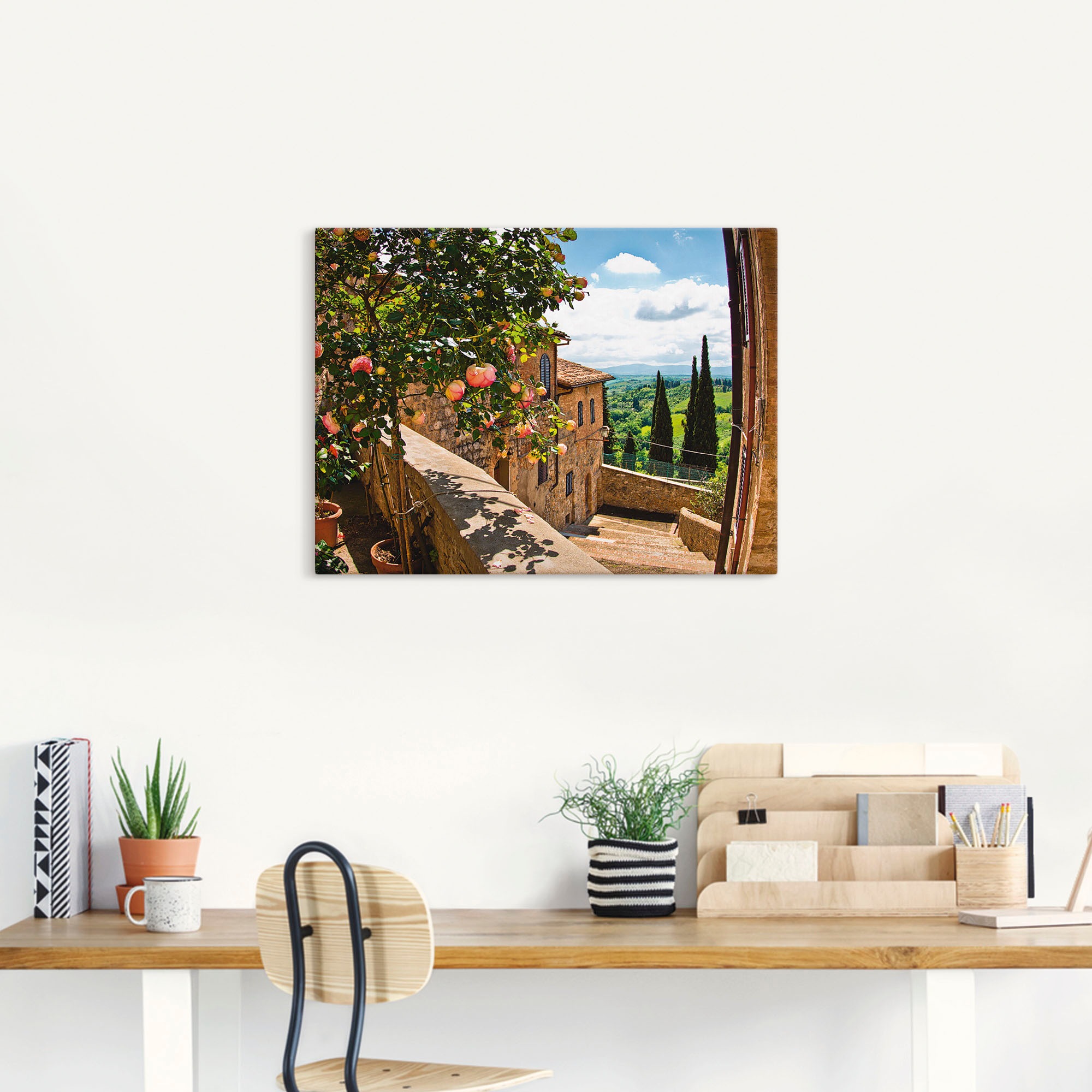 Artland Wandbild "Rosen auf Balkon Toskanalandschaft" Garten 1 Stk. tlg. al günstig online kaufen