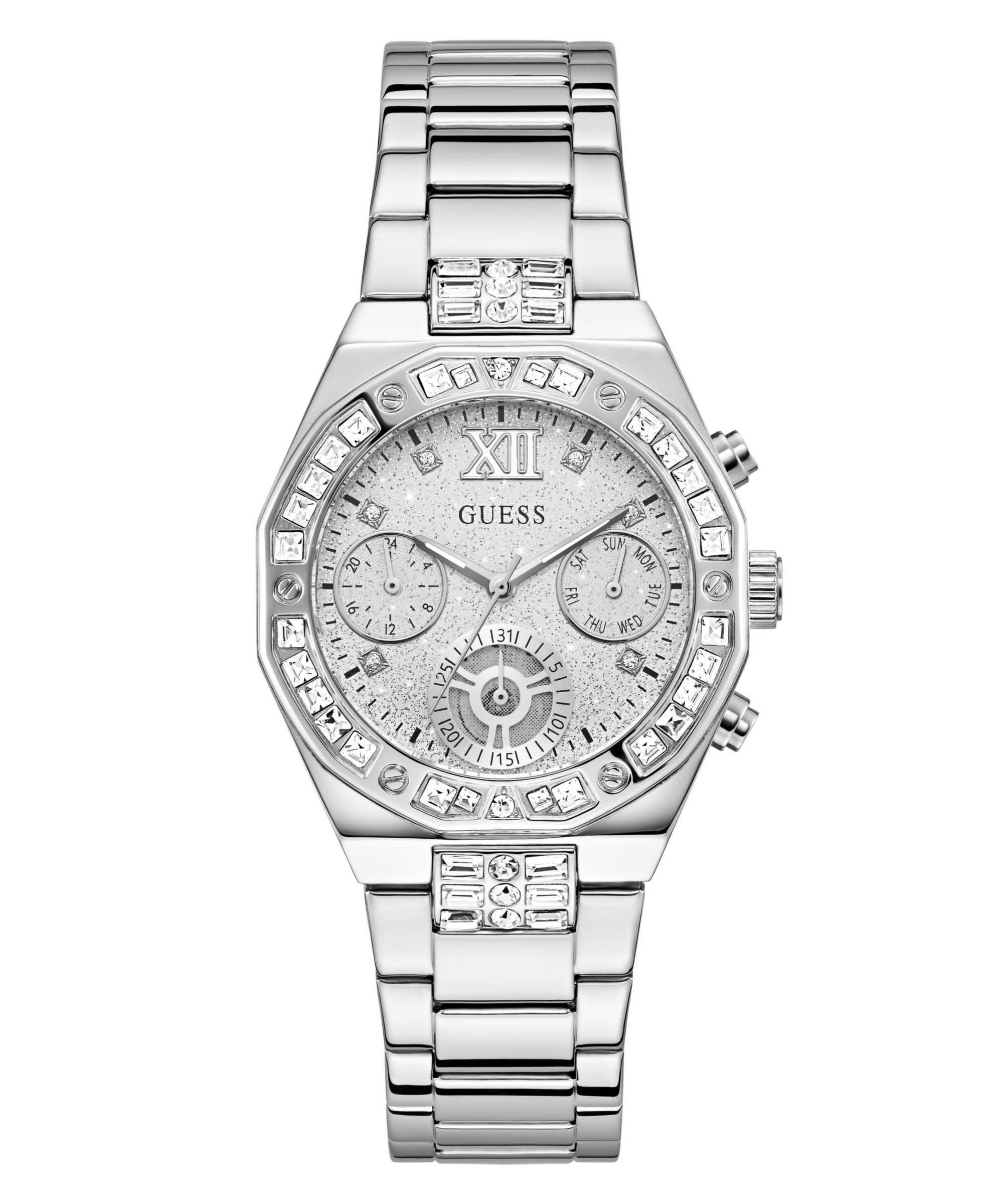 Guess Quarzuhr »SELINA« Armbanduhr, Damenuhr, Edelstahlarmband, analog, Tag, Wochentag
