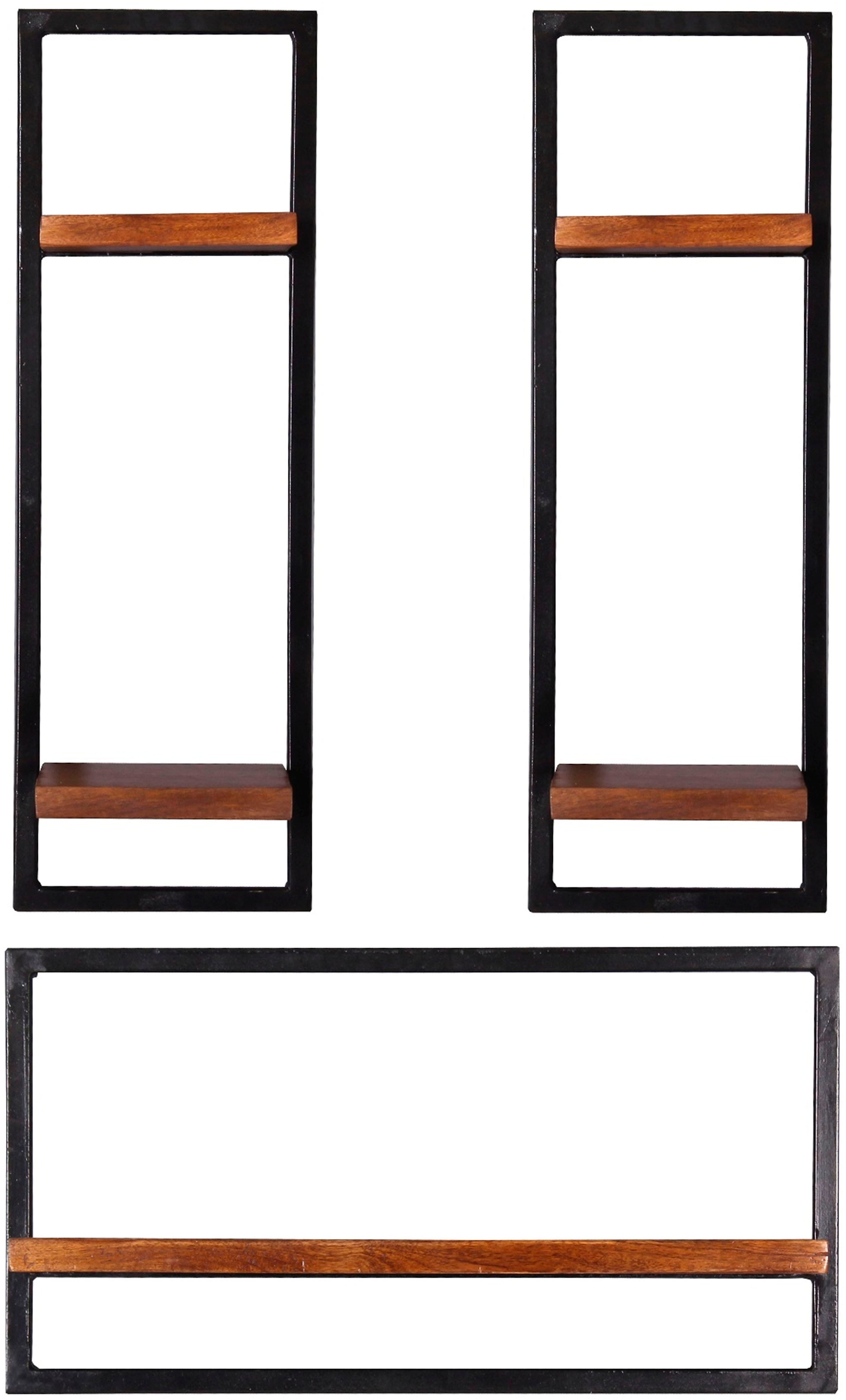 SIT Wandregal "Albi Wandregal-Set 3-teilig aus Mangoholz mit Altmetall" Set, 2 hohe & 1 breites Wandregal für flexible Wandgestaltung