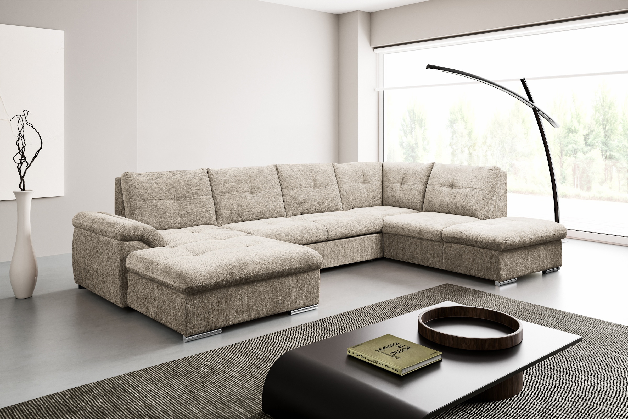 WERK2 Wohnlandschaft "Arena 339 x 220 cm modern und bequem" U-Form, XXL, Schlaffunktion, Bettkasten