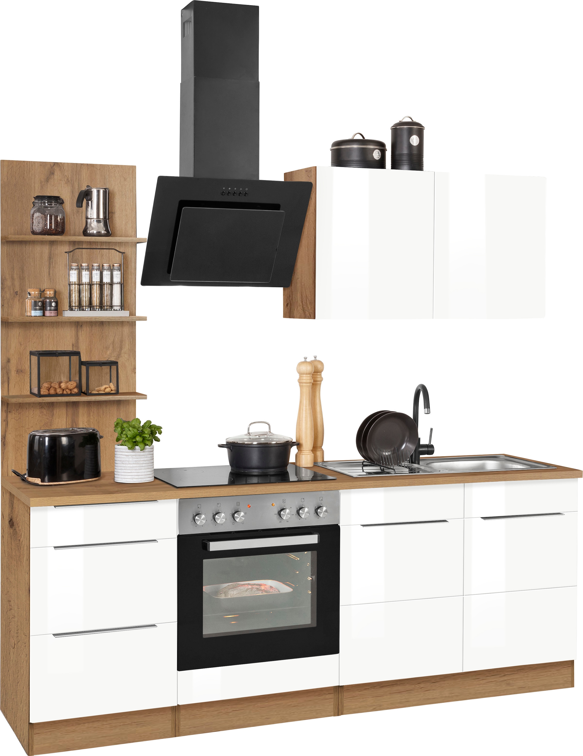 KOCHSTATION Küchenzeile »KS-Brindisi«, Breite 210 cm, wahlweise mit E-Geräten, mit MDF-Fronten und Regal