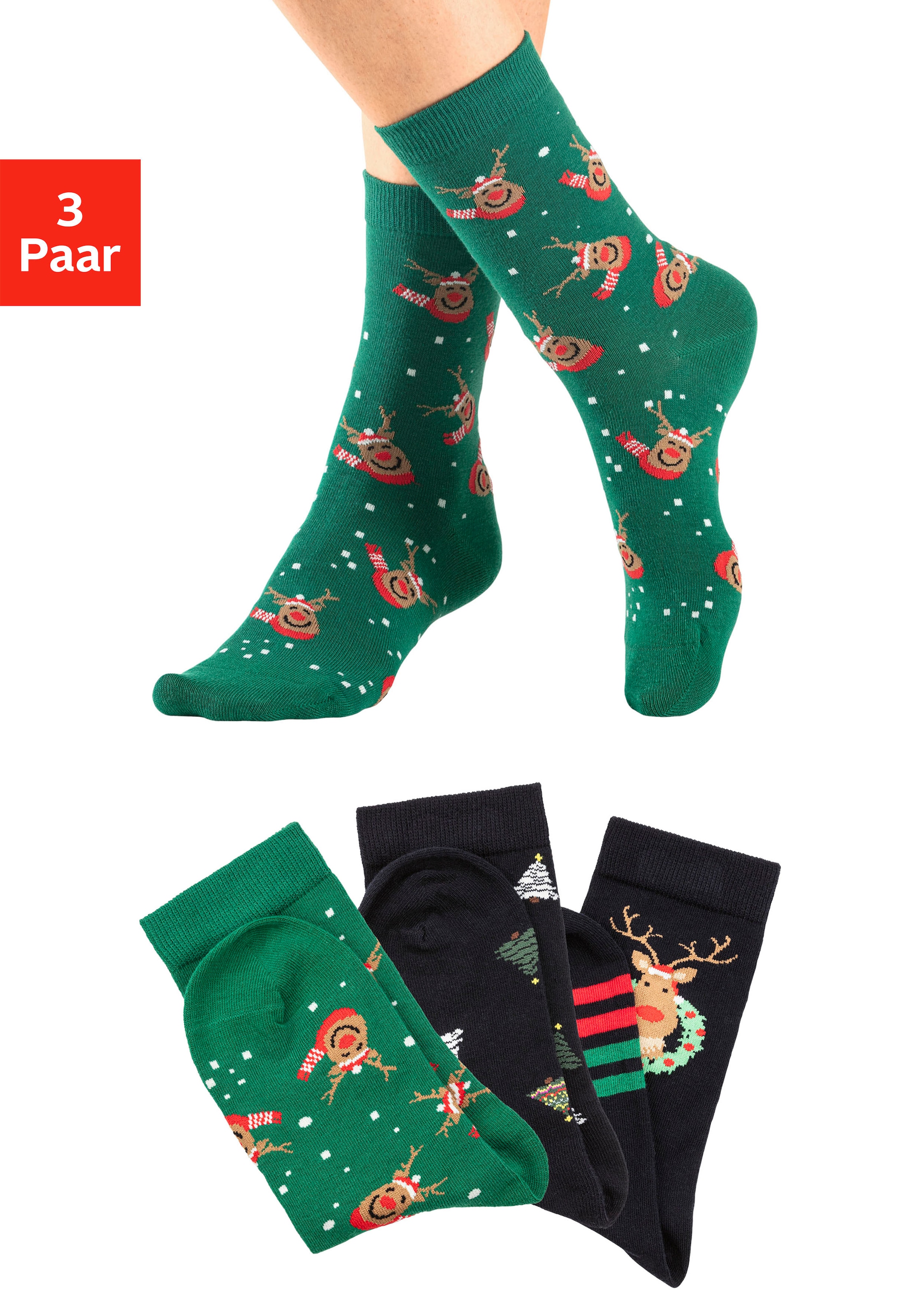 Basicsocken »Weihnachtssocken«, (Packung, 3 Paar), mit weihnachtlichen Motiven