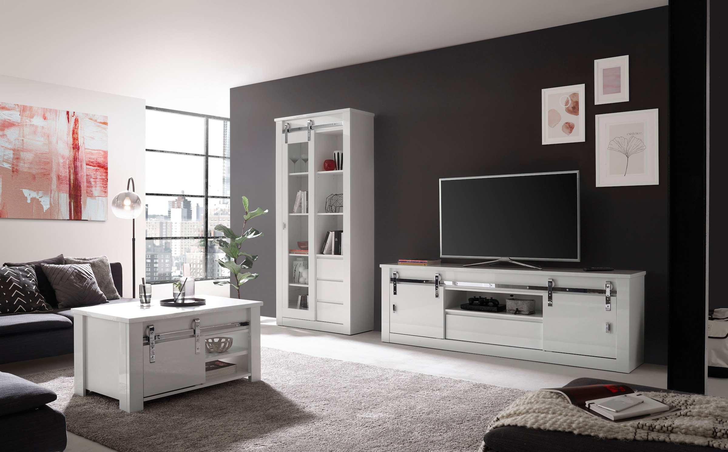 Home affaire Couchtisch »Daytona, Beistelltisch, Wohnzimmertisch, Sofatisch, Tisch« mit Schiebetürenbeschlag in Chrom-Optik, mit Fächern und Ablageböden