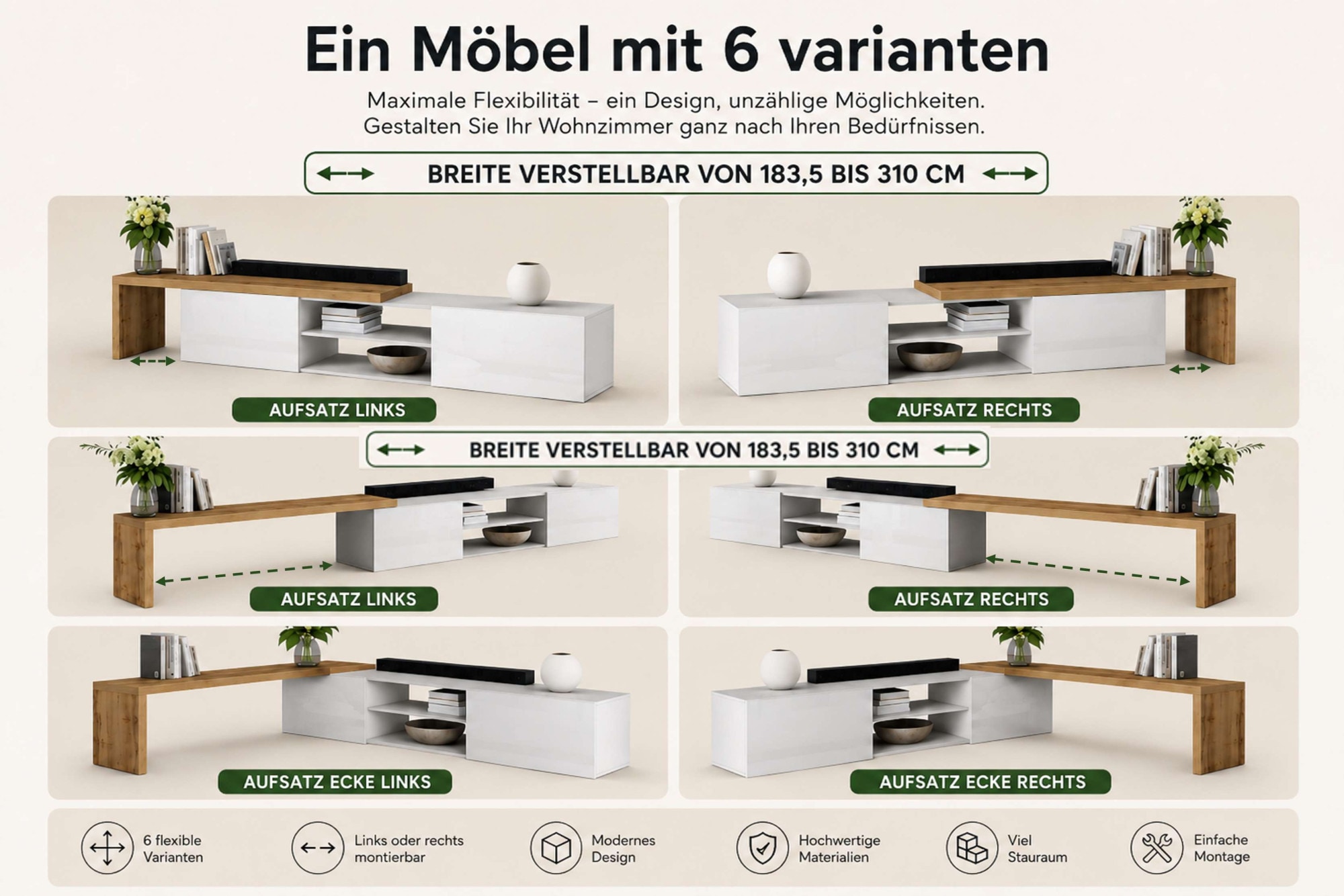 OTTO home Lowboard »New Garda,Lowboard mit Aufsatz,TV-Board mit Ausatz,TV-Schrank-Tv Bank« 1 Stk. tlg. Breite verstellbar v. 183 bis 310 cm,2 Klappen  und L-Förmiger Aufsatz