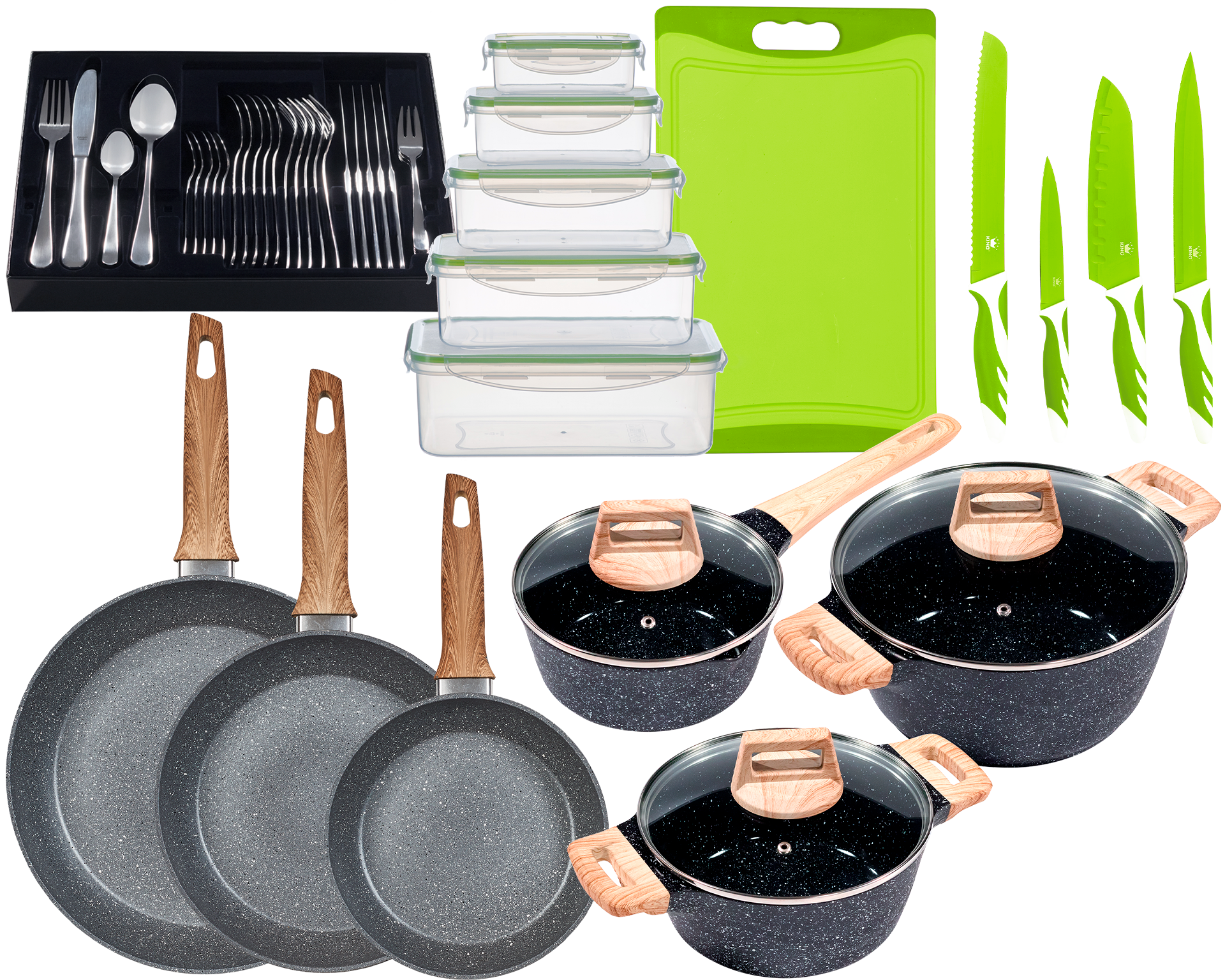 KING Topf-Set ""ESSENTIAL" Aluminium, Induktion, Antihaftbeschichtung", Aluminiumguss, (Set, 55 tlg., 2 Töpfe, 1 Stielto