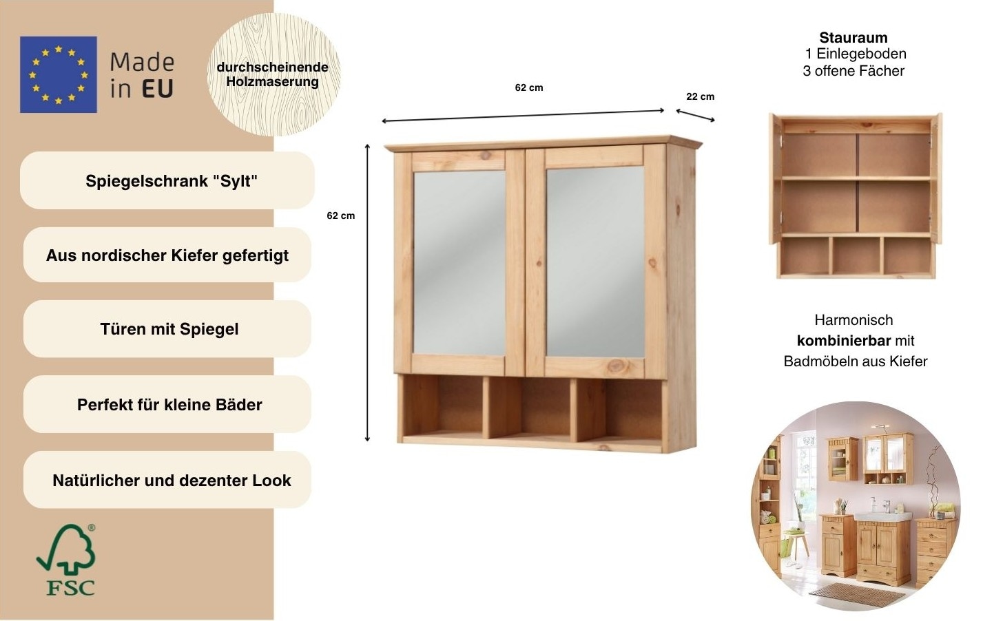 welltime Spiegelschrank »Landhaus Sylt« Breite 62,5 cm, aus Massivholz