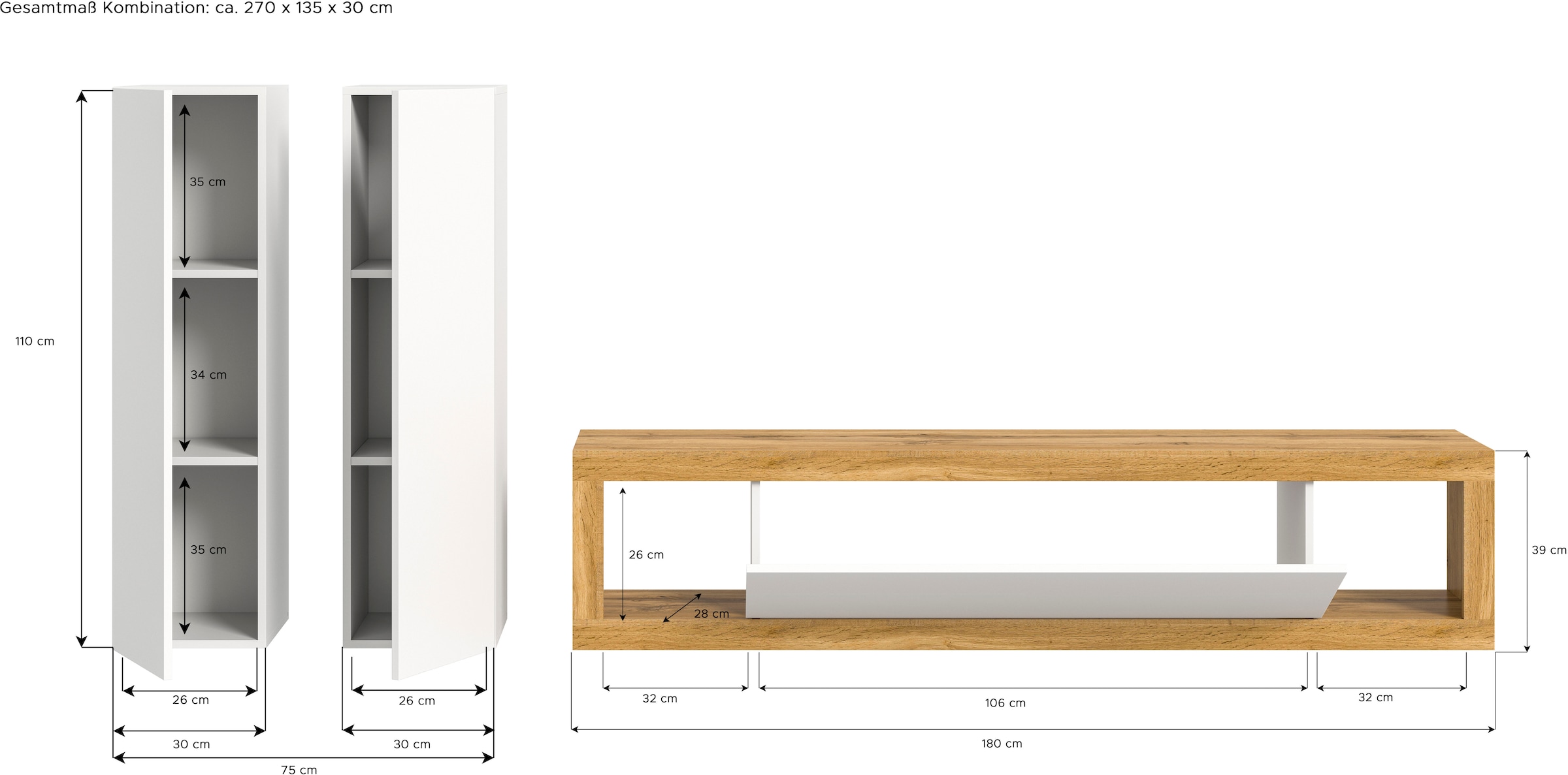 INOSIGN Wohnwand »Trinity,Breite 270 cm, 1 Lowboard (stehend und hängend montierbar),«, (3 St.), 2 Hängeschränke, Wohnwand, Wohnkombination, Mediawand