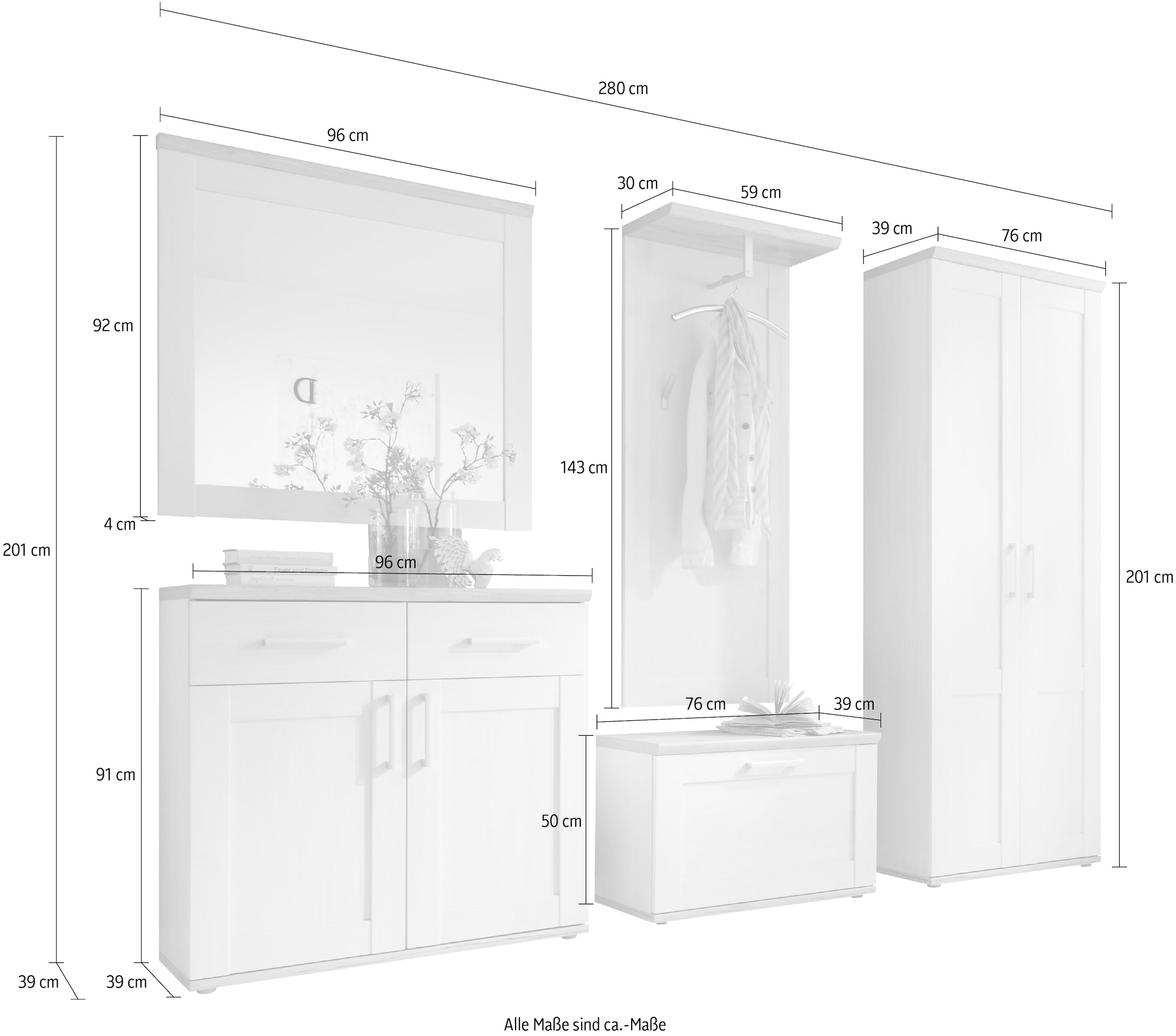 HBZ Garderoben-Set »5-tlg. im Landhausstil Flurgarderobe Stellmaß BxHxT 280x201x39 cm«, (5 St.), Mit Schuhkommode, Hochschrank, Bank, Paneel, Spiegel