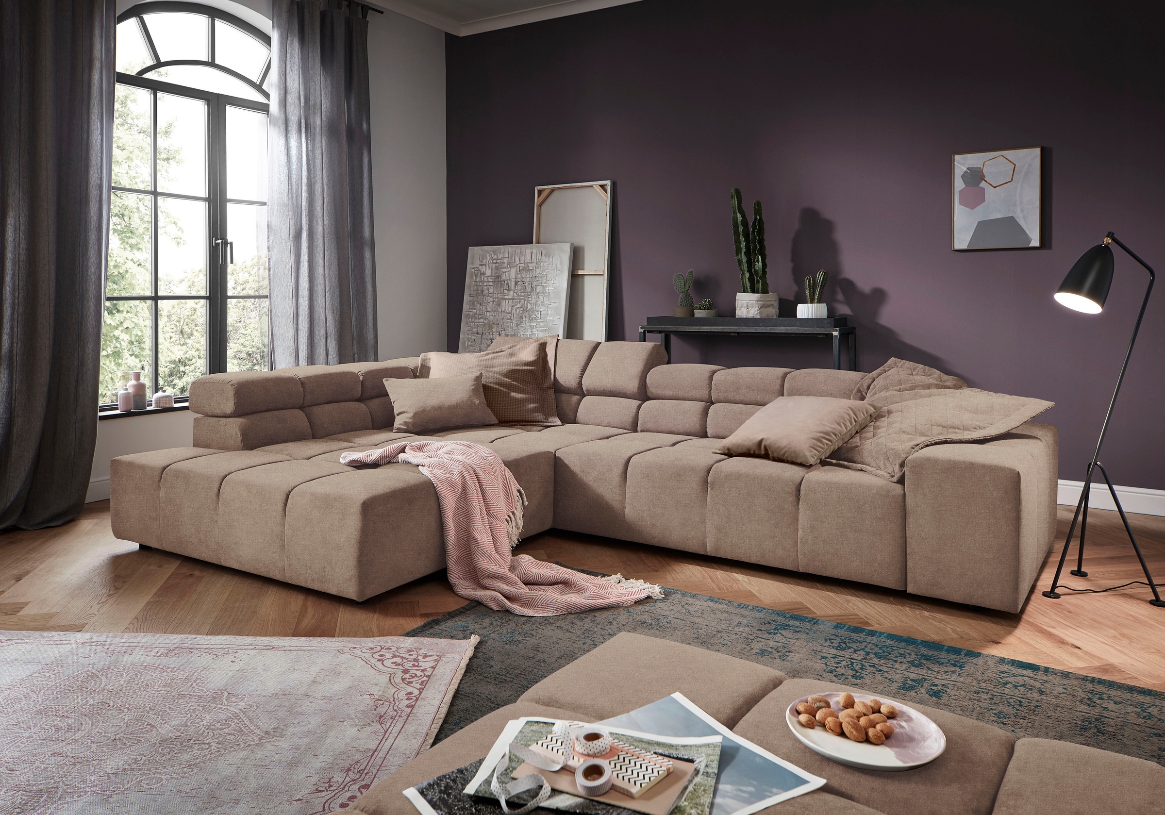 Home affaire Ecksofa "Ancona, Ecksofa, incl. Kopfteilverstellung, Breite 319 cm, L-Form" wahlweise motorische Sitztiefenverstellung, auch in Cord + Easy Care