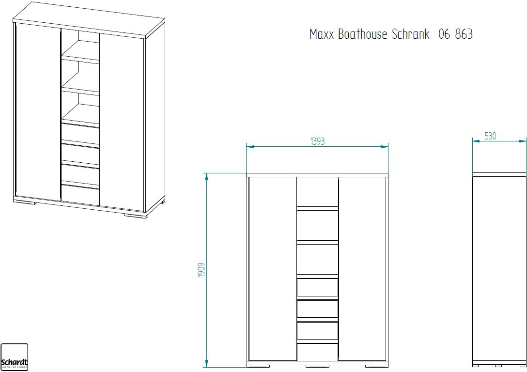 Schardt Babyzimmer-Komplettset »Maxx Boathouse«, (Set, 3 St., Kinderbett, Schrank, Wickelkommode), Made in Germany; mit Kinderbett, Schrank und Wickelkommode