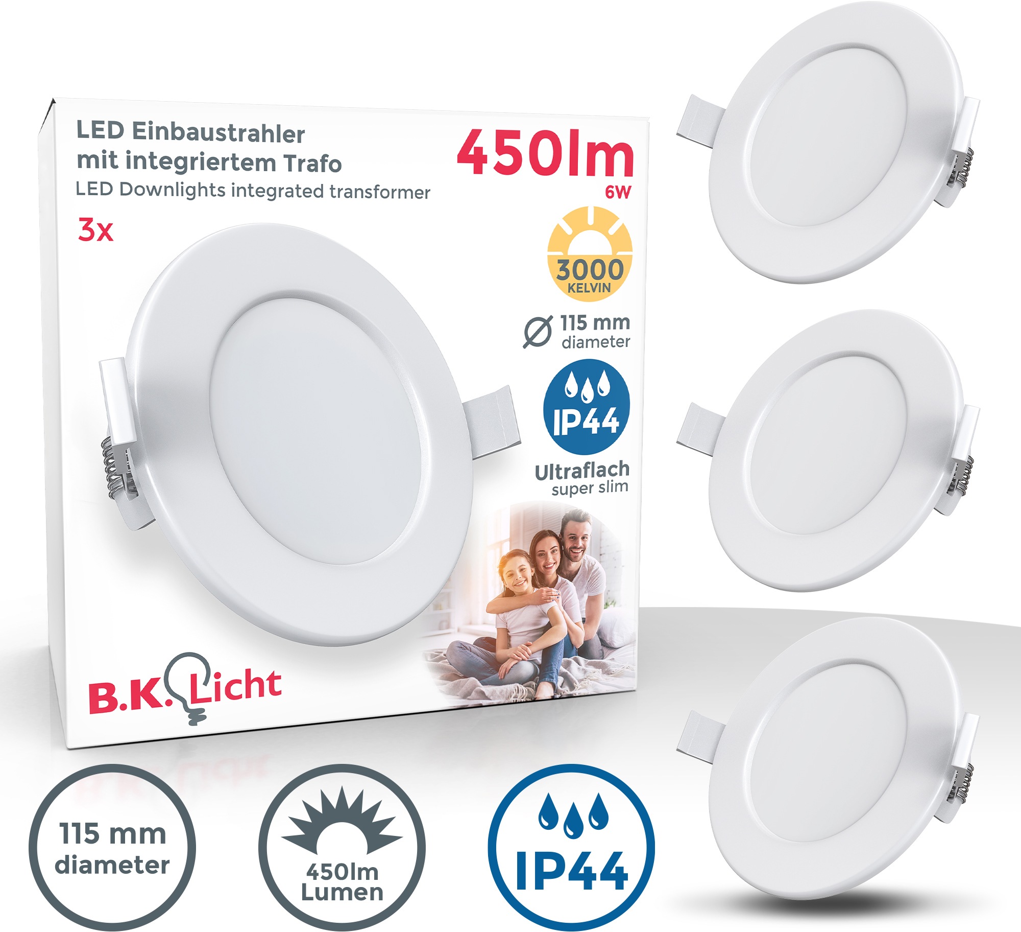 inkl. IP44 3000K, 5W ultra | Einbauspots, B.K.Licht BAUR Bad, LED flach, Einbauleuchte, 450LM 3x