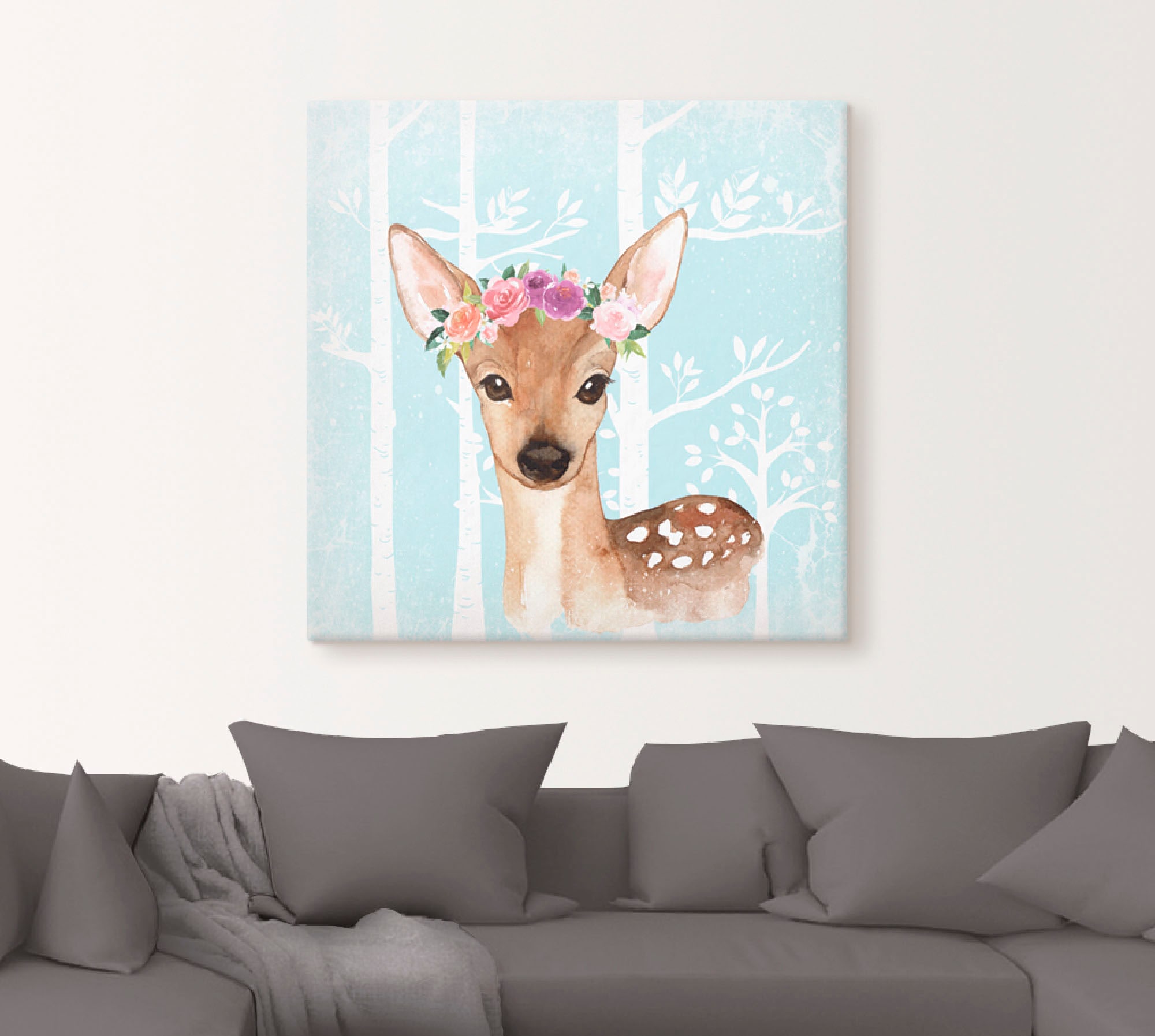 Artland Leinwandbild »Wild Reh mit Blumen im blauen Wald«, Tiere, (1 St.), auf Keilrahmen gespannt