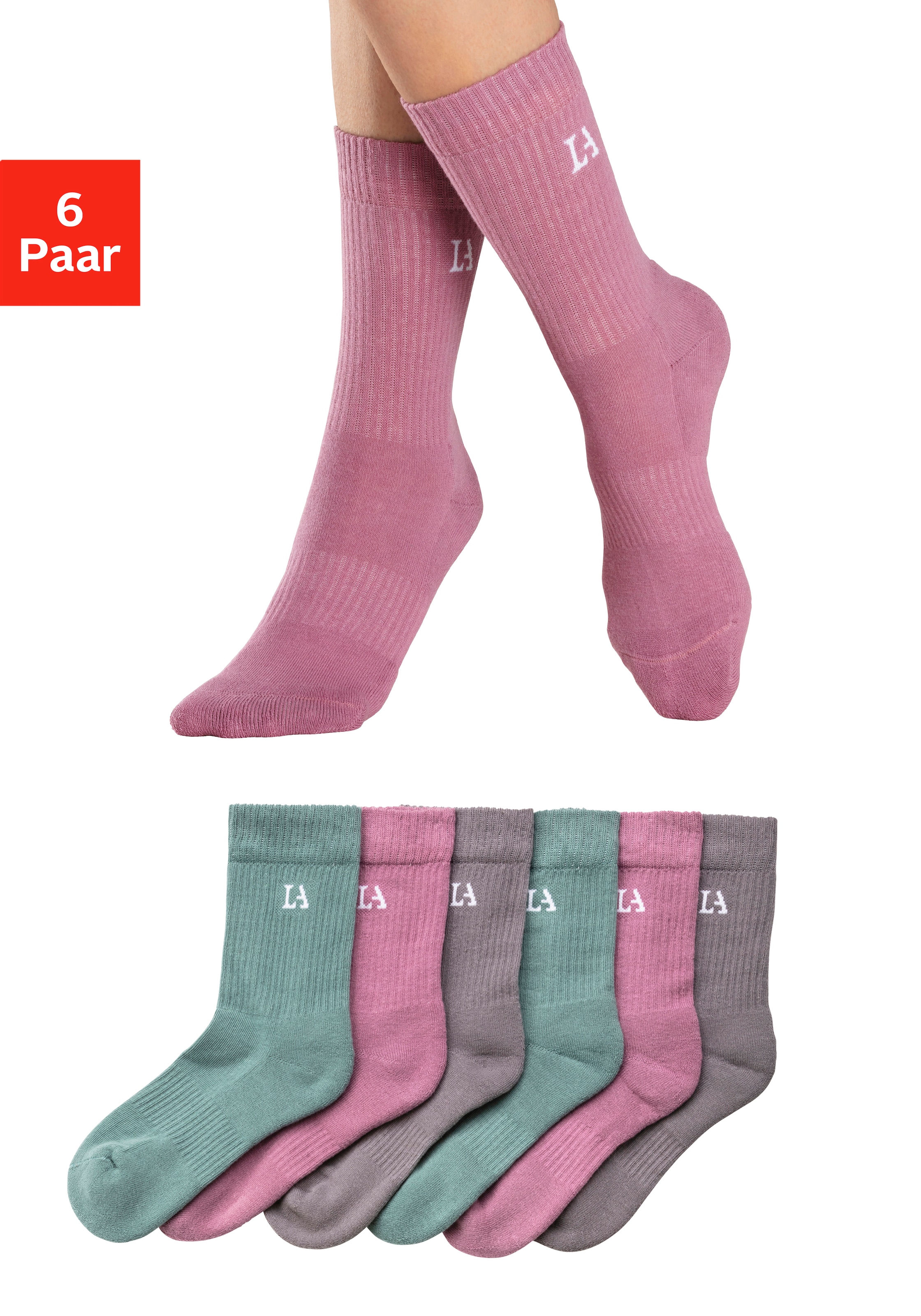 LASCANA ACTIVE Tennissocken "Sportsocken Damen, Laufsocken, Wandersocken" Packung, Crew Socken, 6 Paar tlg. mit Baumwoll Frottee