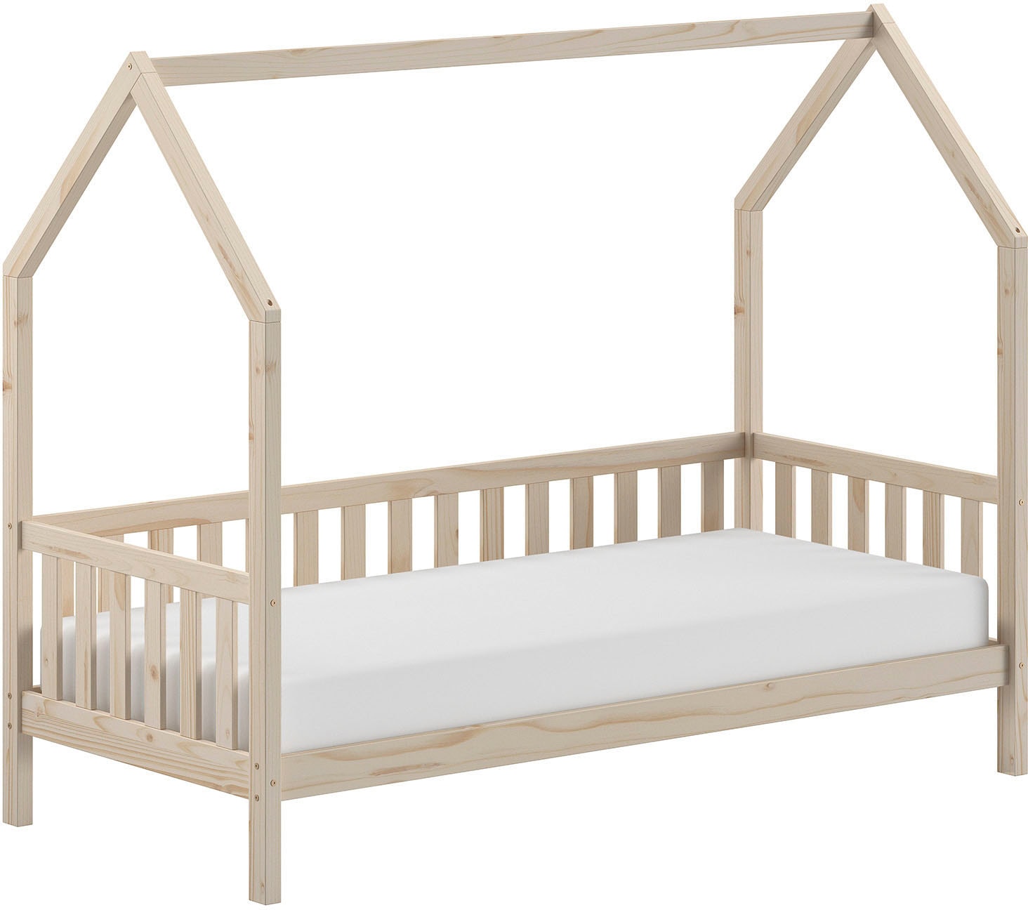 Vipack Hausbett »aus massiver Kiefer, natur oder weiß lackiert, stabil gebaut«, 90/200 inkl. Rolllattenrost, Umrandung, Bettschublade u. Dachaufbau