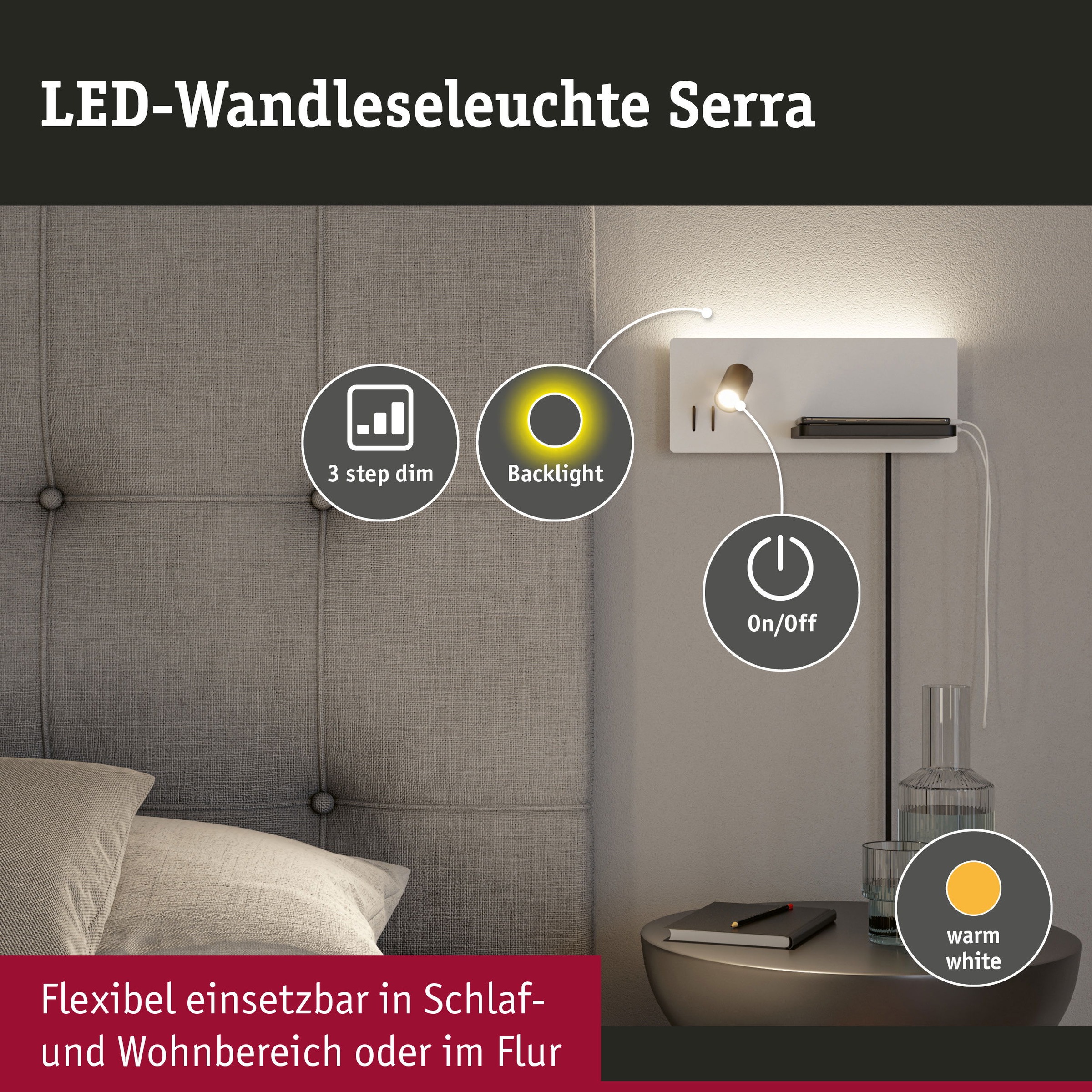 Paulmann LED Wandleuchte »Serra 2700K 650lm / 200lm 230V 5,5 / 1x2,6W«, 1 flammig, Bettleuchte, USB C, dimmbar