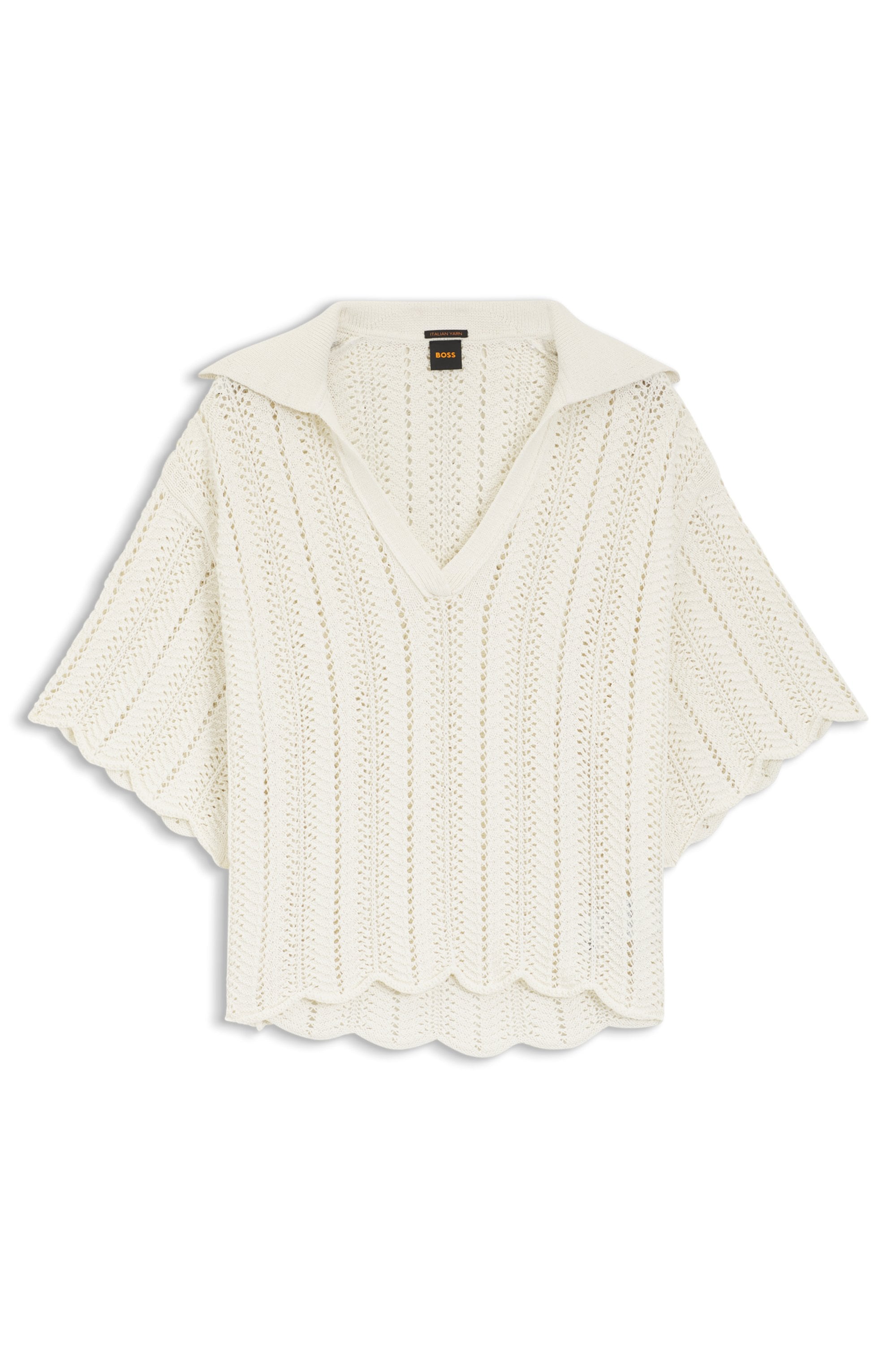 BOSS ORANGE Ajourpullover »Fordeaux Premium Damenmode« aus Baumwoll-Mix, Johnny-Kragen, Relaxed Fit