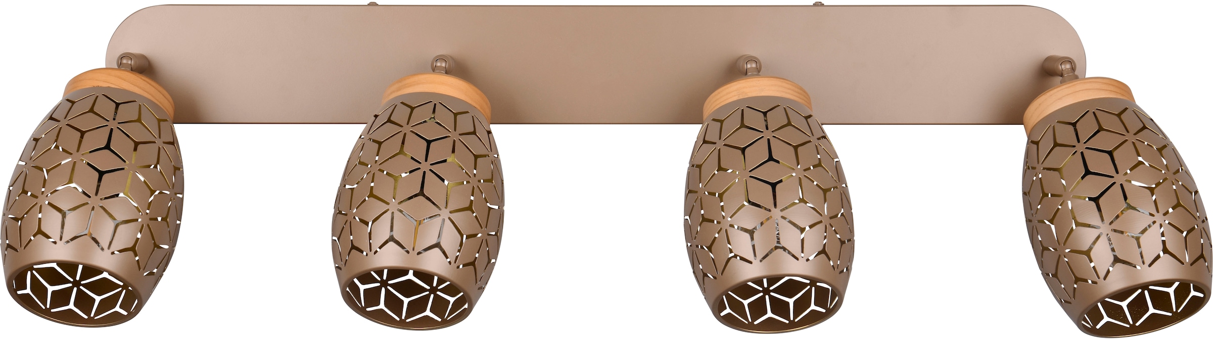 REALITY Leuchten Deckenstrahler »BIDAR 4-flammig, exkl 4x E14 max 10W, Deckenlampe Spots verstellbar«, 4 flammig, Leuchtmittel E14 | Leuchtmittel wechselbar, Metall-Lampenschirm mit Lasercut Muster und Holz-Dekoelementen