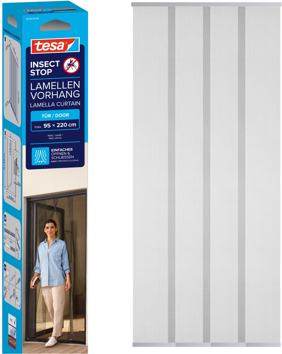 tesa Insektenschutz-Tür "Lamellen Vorhang - Fliegenvorhang für Balkon und Terassentüren" Packung, Fliegennetz, Klettband, 1 Stk. tlg. INSECT STOP Vorhang inkl. Klettverschluss - 95 x 220 cm