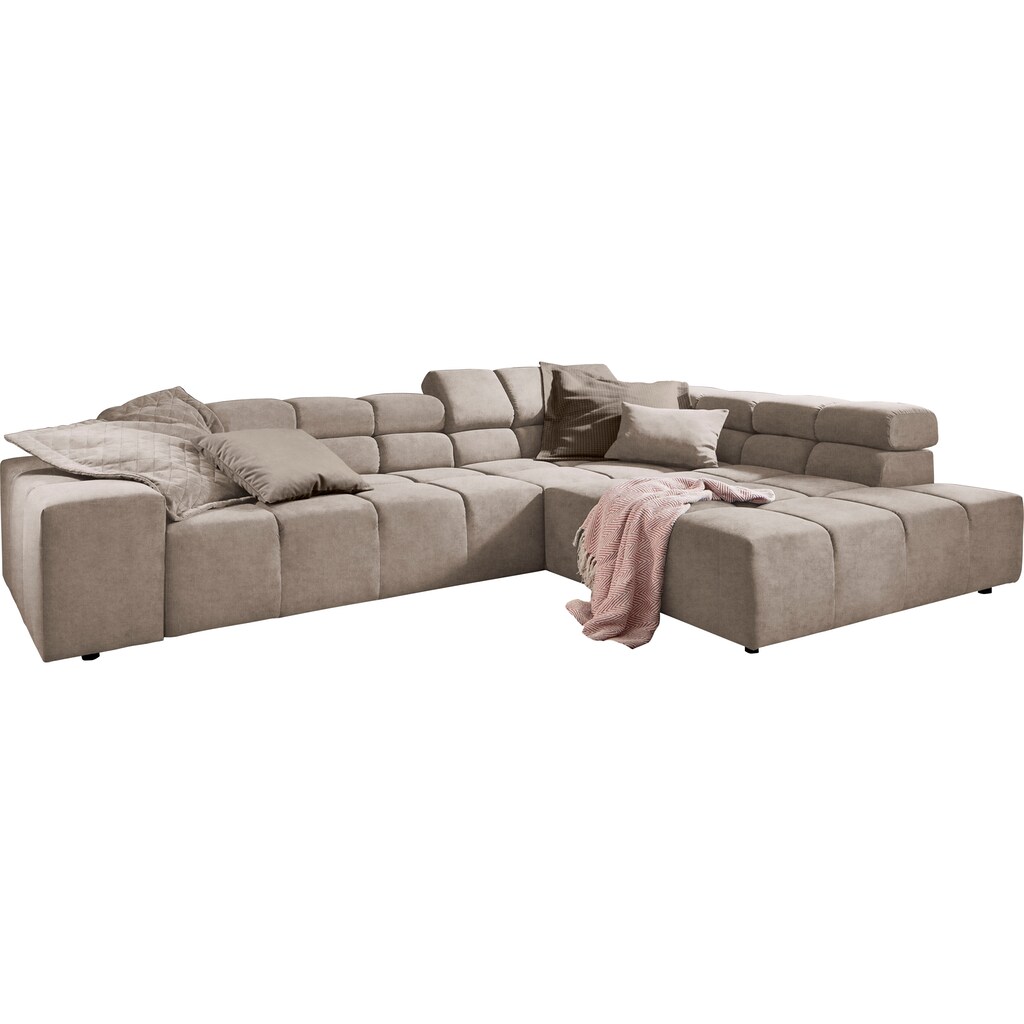 INOSIGN Ecksofa »Ancona incl. Kopfteilverstellung, Zierkissen Breite 319cm, L-Form«, wahlweise motorische Sitztiefenverstellung, auch in Cord + Easy Care