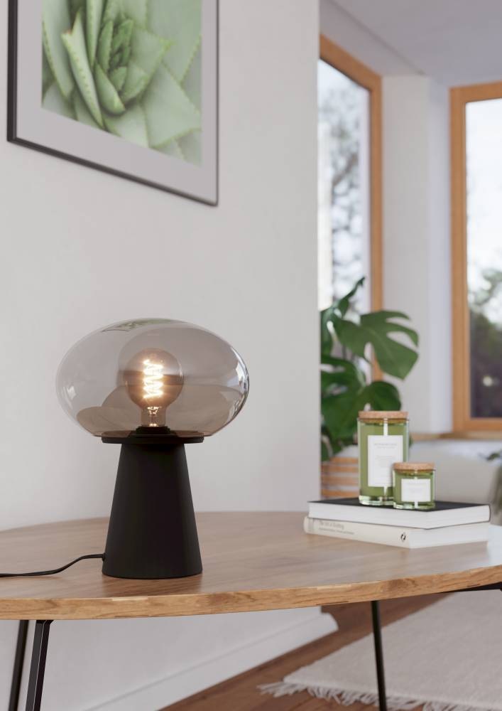 EGLO Tischleuchte "MADONNINA", 1, Ø 25cm H: 32,5cm, 1 Stk., schwarz, Wohnzimmer, Leuchten, Tischlampe, Metall in Schwarz, Glas in Grau-transparent,