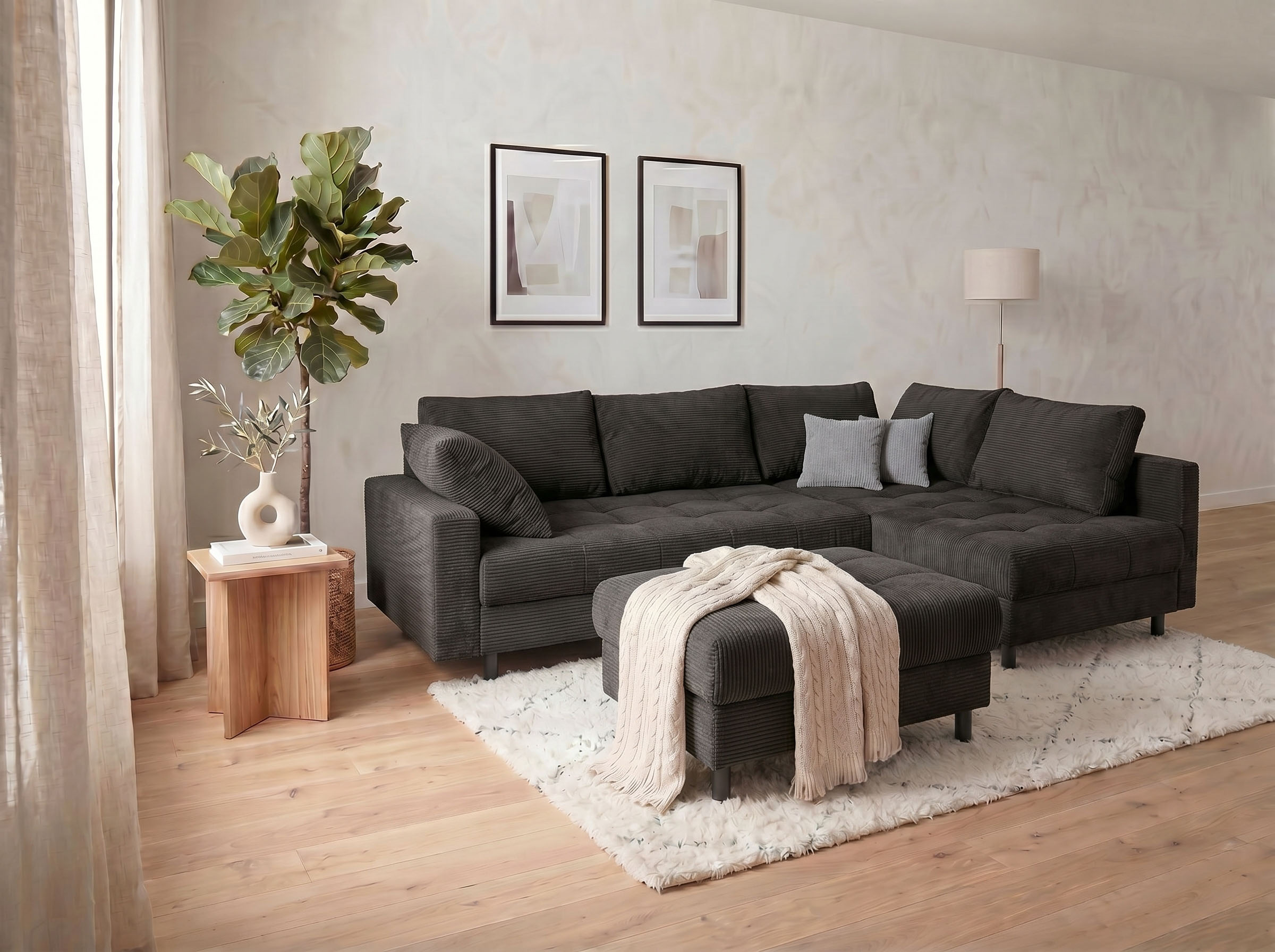 COLLECTION AB "Toni XL L-Form 274 cm Set inkl. Hocker" Set: Sofa & Hocker, 2 Zierkissen, Bonell-Federkern