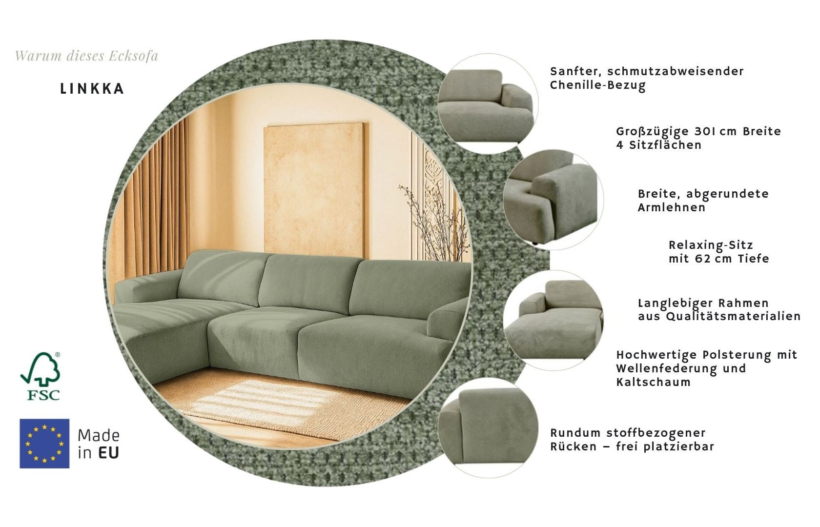 Home affaire Ecksofa »Linkka, Breite 301 cm« L-Form, in einem weichen Chenille-Stoff, mit Wellenunterfederung