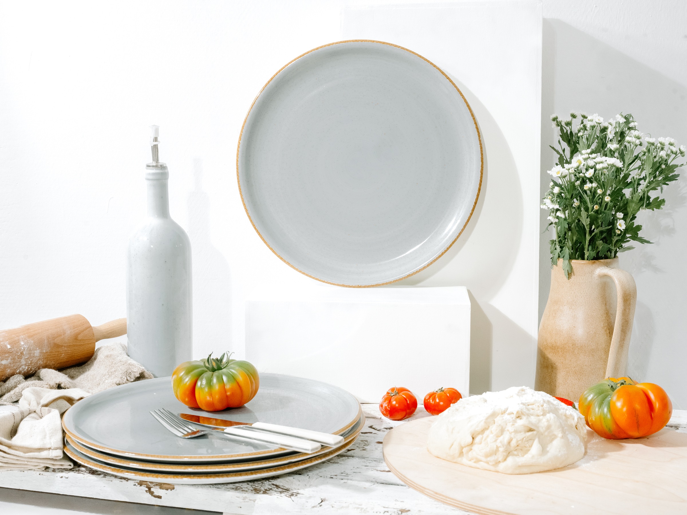 CreaTable Pizzateller »Vintage Nature, Pizzateller 33 cm 4-tlg«, (Set, 4 St.), Handgemalt, Gesprenkelt, Rustikales Außenband