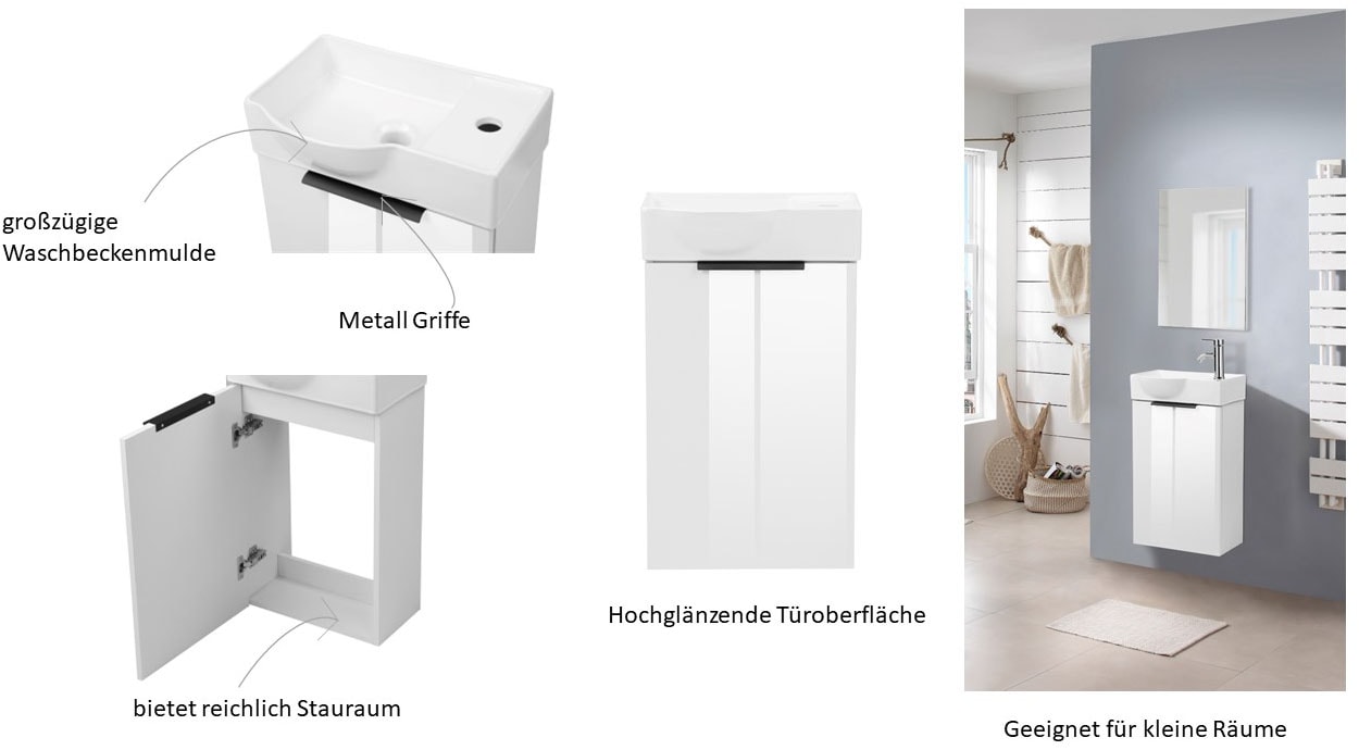 welltime Badmöbel-Set »Sienna Gästebad platzsparend«, (Komplett-Set, 3 St., 3-teilig), Möbelset Badezimmer, 3-teilig, hochglanz 41 cm, weiß, Softclose
