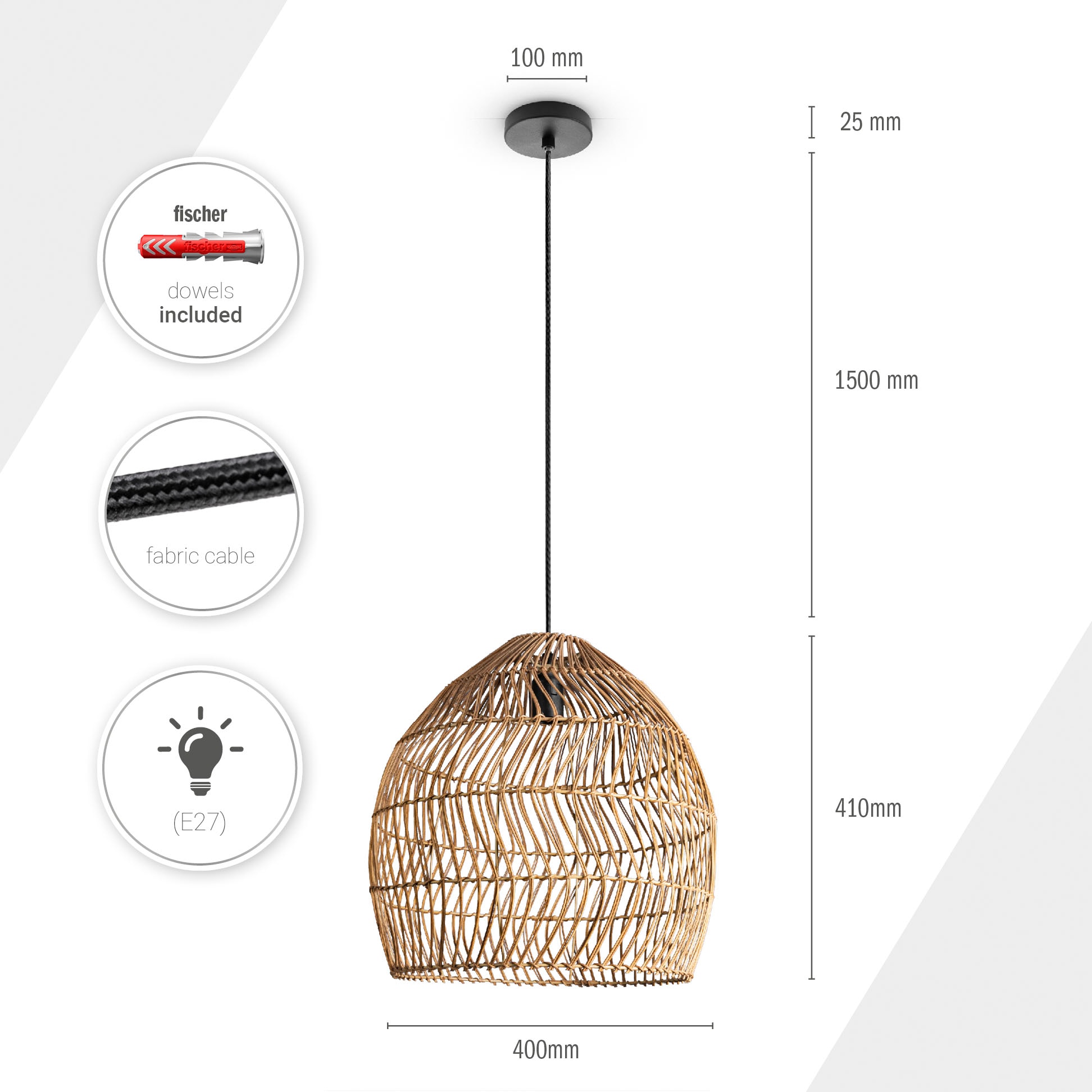 Paco Home Pendelleuchte »ORNA«, Pendellampe Rattan Korb Boho Modern Esszimmerlampe Natur Vintage E27