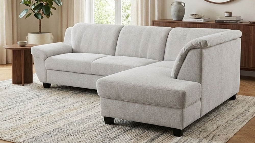 OTTO home Ecksofa "Sillkeborg 254 x 186 cm, formschönes Sofa mit dunklen Füßen" mit Schlaffunktion, L-Form, pflegeleichter, weicher Luxus-Microfaser