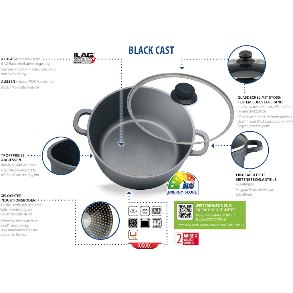 Elo Basic Topf-Set »Black Cast«, Aluminiumguss, (Set, 10 tlg., je 1 Kochtopf 16/20/24 cm, Stielkasserolle 16 cm, 2 Pfannen 24 cm), Induktion