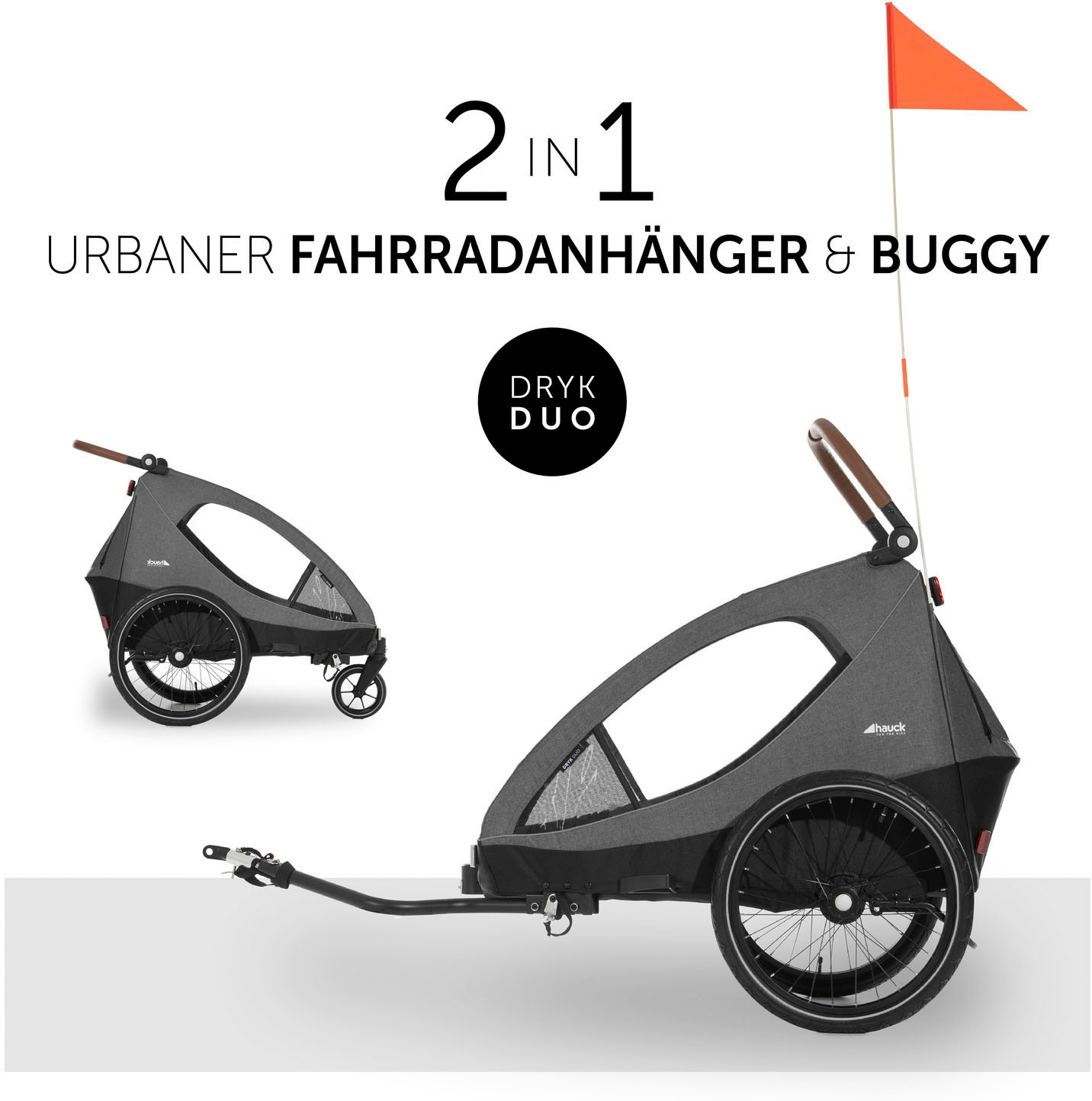 Hauck Fahrradkinderanhänger »2in1 Bike Trailer und Buggy Dryk Duo, melange grey«, für 2 Kinder; inklusive Deichsel