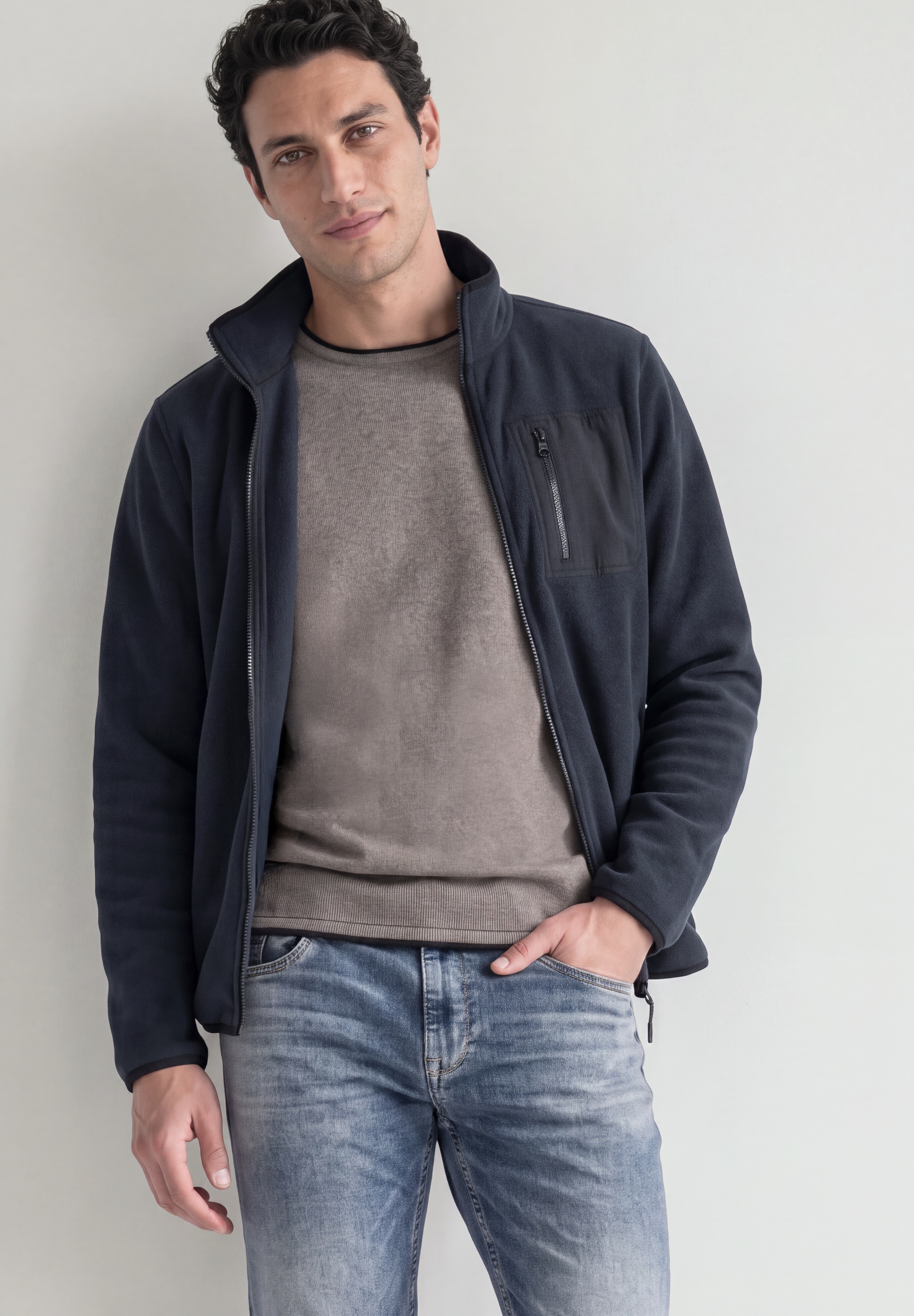 STREET ONE MEN Fleecejacke ohne Kapuze mit Brusttasche