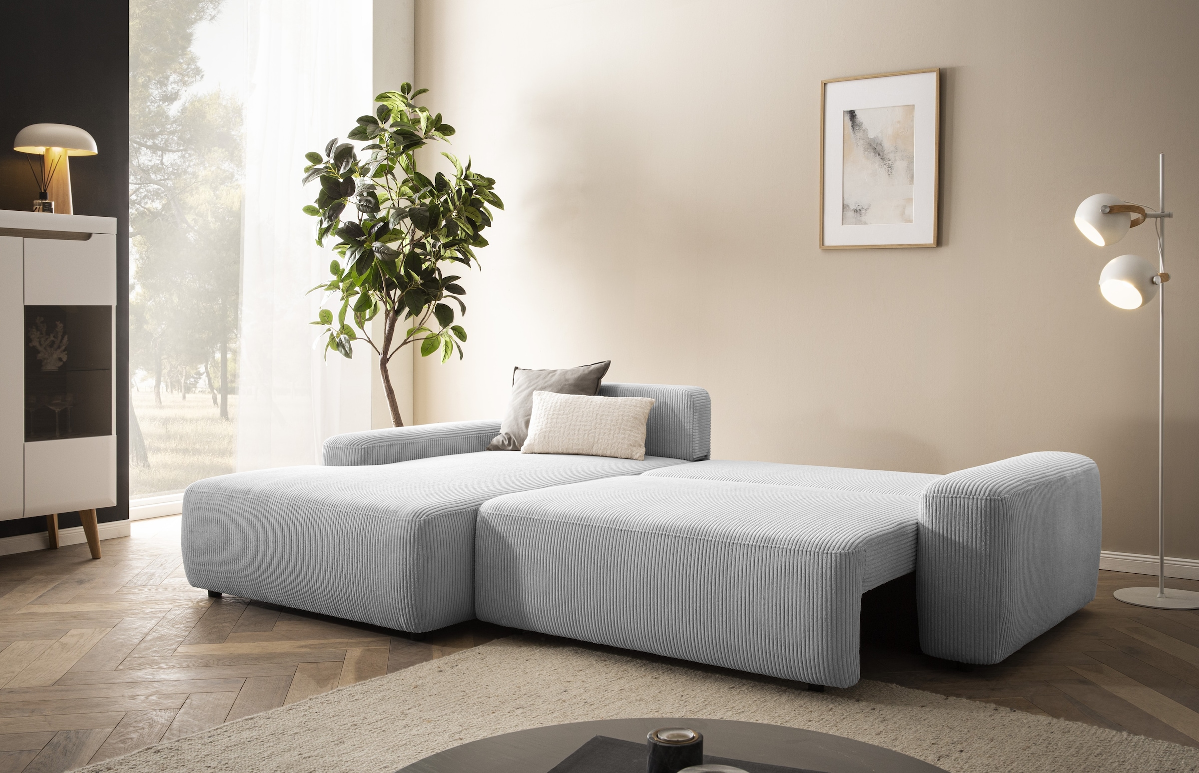 INOSIGN Ecksofa »TORGE (264cm), Schlafsofa in Cord, Samtvelours o Struktur fein, L-Form«, Schlaffunktion, Bettkasten, Liegefläche: 125/210 cm