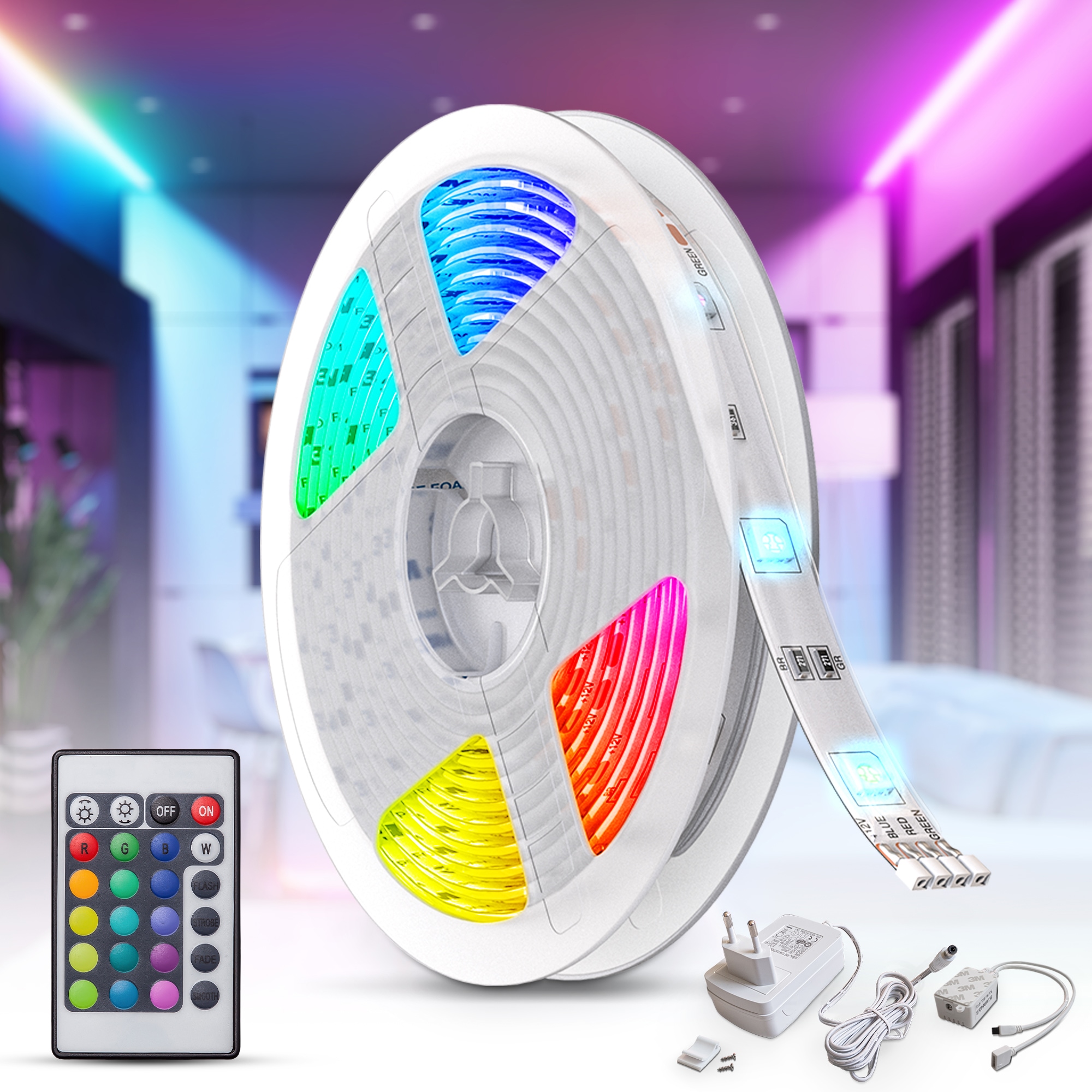 LED Stripe, RGB-LED Flexband 5 Meter, inkl. 150 x RGB-LED 0,16 Watt, Gesamt 24 Watt,...