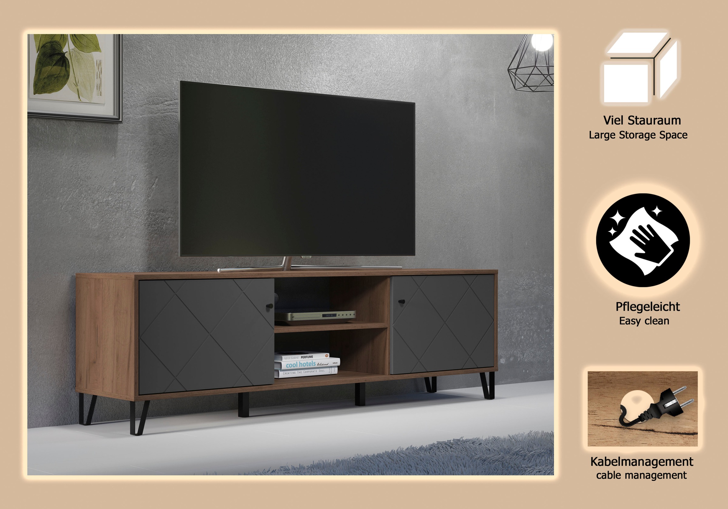 Places of Style Lowboard »Molveno«, (1 St.), TV-Unterteil mit 2 Türen & 2 Fächern - (B/T/H) 183/40/56 cm