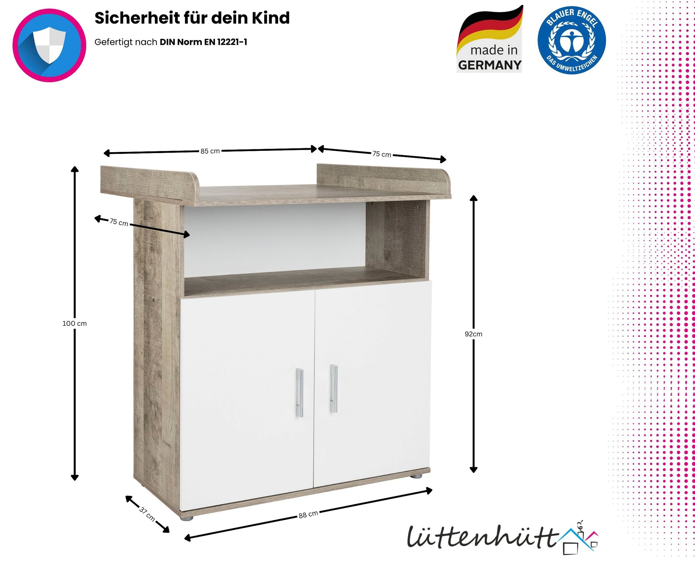Lüttenhütt Babyzimmer-Komplettset »Henning«, (Set, 5 tlg., inkl. Lattenrost), Kleiderschrank, Kinderbett, Wickelkommode, Seiten und Wickelkomm-Regal