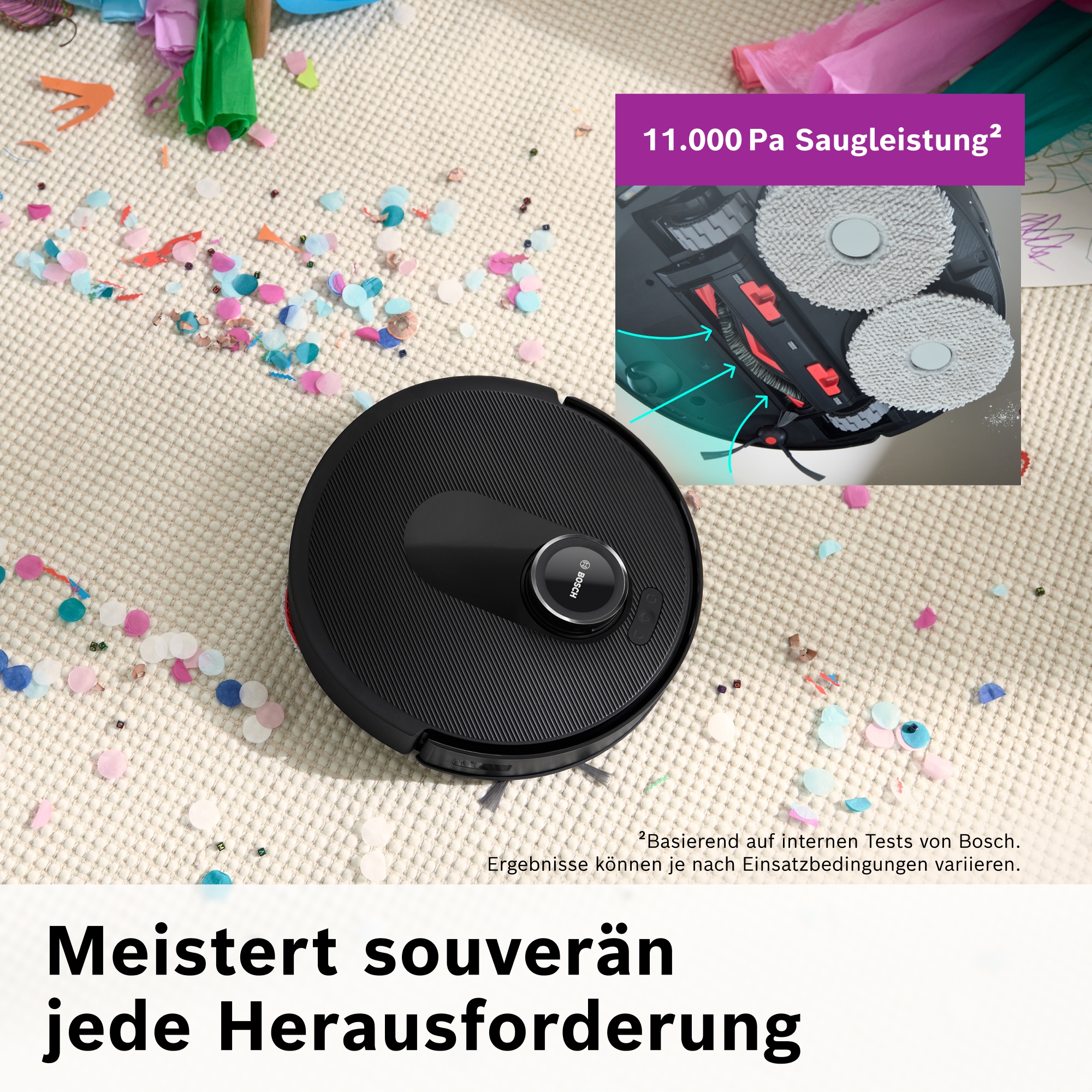 BOSCH Saugroboter »Spotless Max BCRDW3B, rotierende Wischpads, 70°C Selbstreinigung«, Datensicherheit, 11.000 Pa Saugkraft, Absaugstation, Carbon Bürste