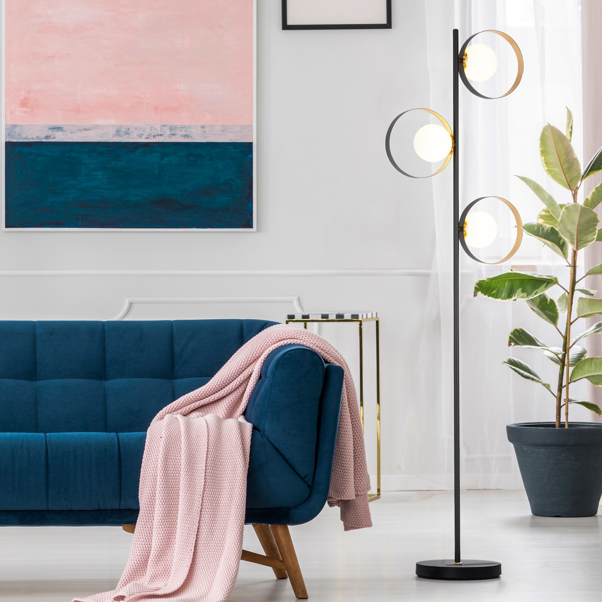 Searchlight Stehlampe »Orbital Floor Lamp - Black Metal, Gold Leaf & Opal Glass« G9 1 Stk.