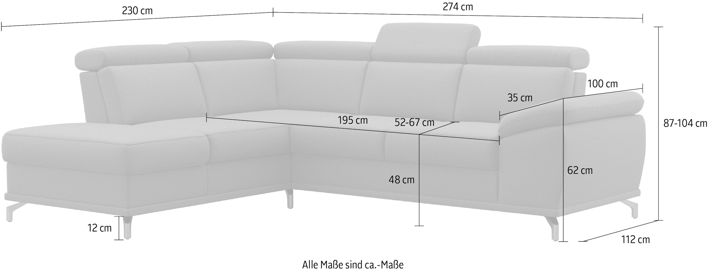 sit&more Ecksofa »Cabrio L-Form, B: 274 cm, mit Sitztiefen-, Arm- & Kopfteilverstellung« 3 Nierenkissen, Federkern, optional Bettfunktion und Stauraum